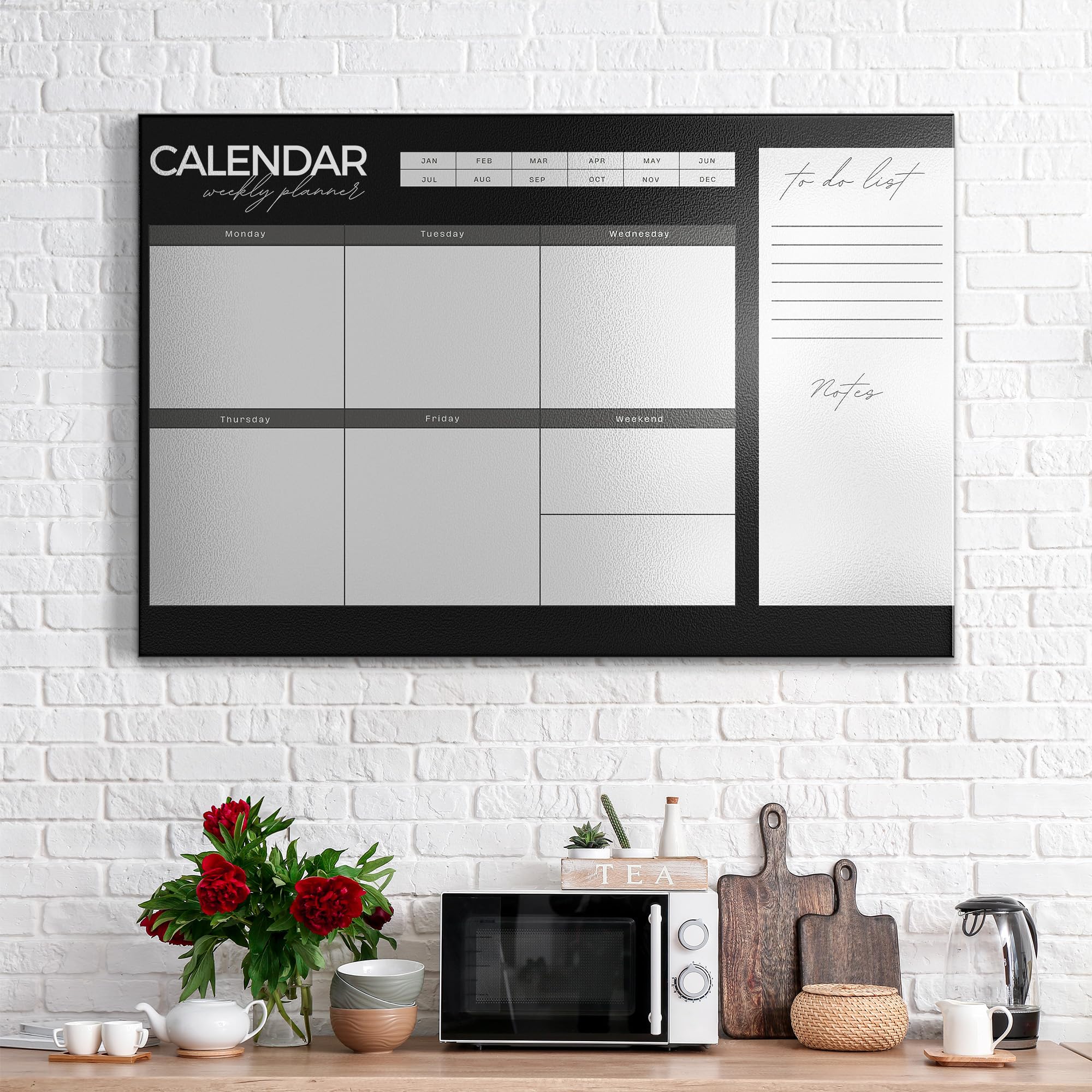 DEQORI Lavagna magnetica in metallo, 90 x 60 cm, motivo "Agenda settimanale nero (EN)", lavagna bianca per tutti i magneti, lavagna magnetica da parete per cucina e ufficio, bacheca magnetica