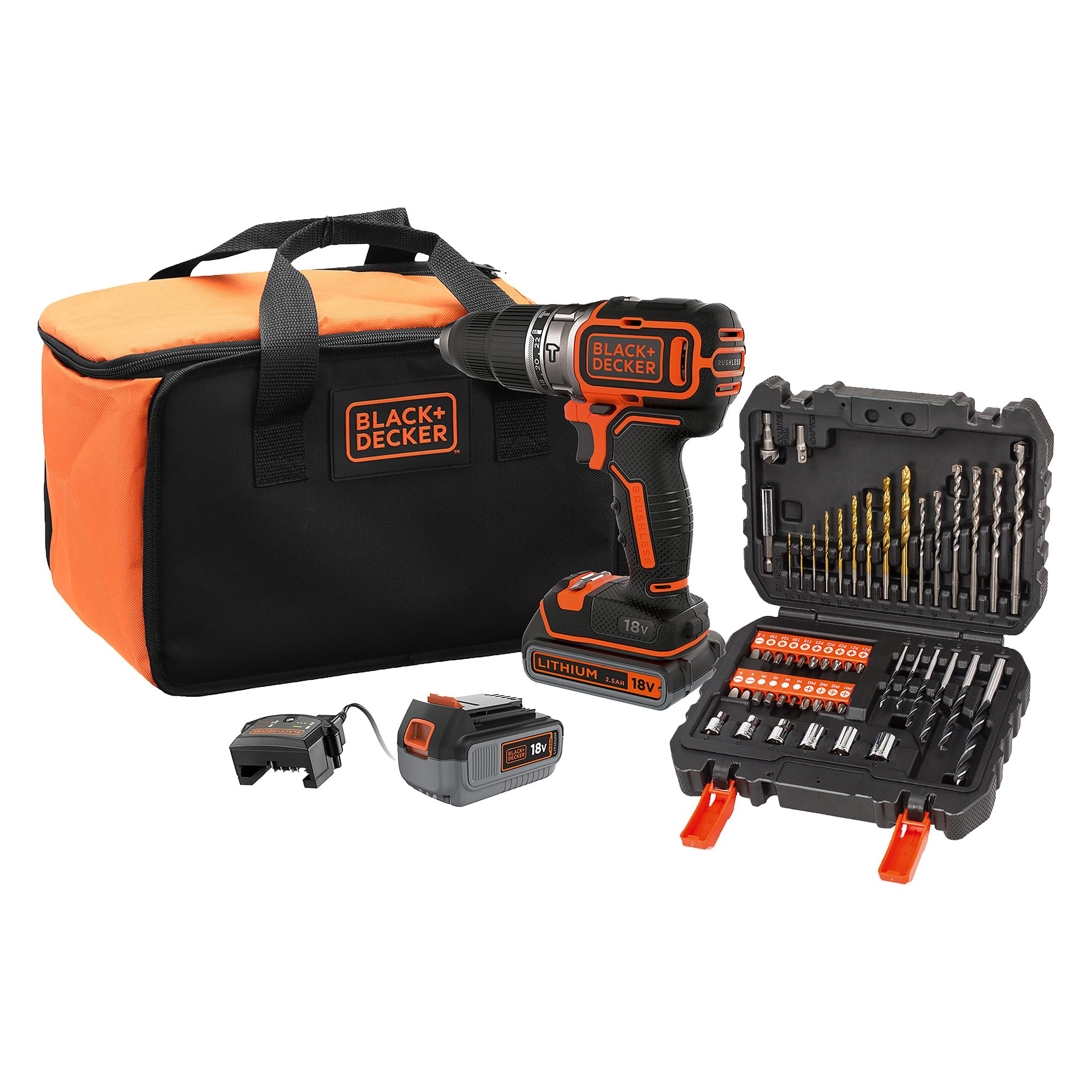 BLACK+DECKER Taladro Percutor sin Escobillas de 18V con 1 Batería de 4.0Ah y 1 Batería de 2.5Ah, 50 Accesorios, Cargador Rápido de 1A y Bolsa de Transporte, BL188ME2SA-QW