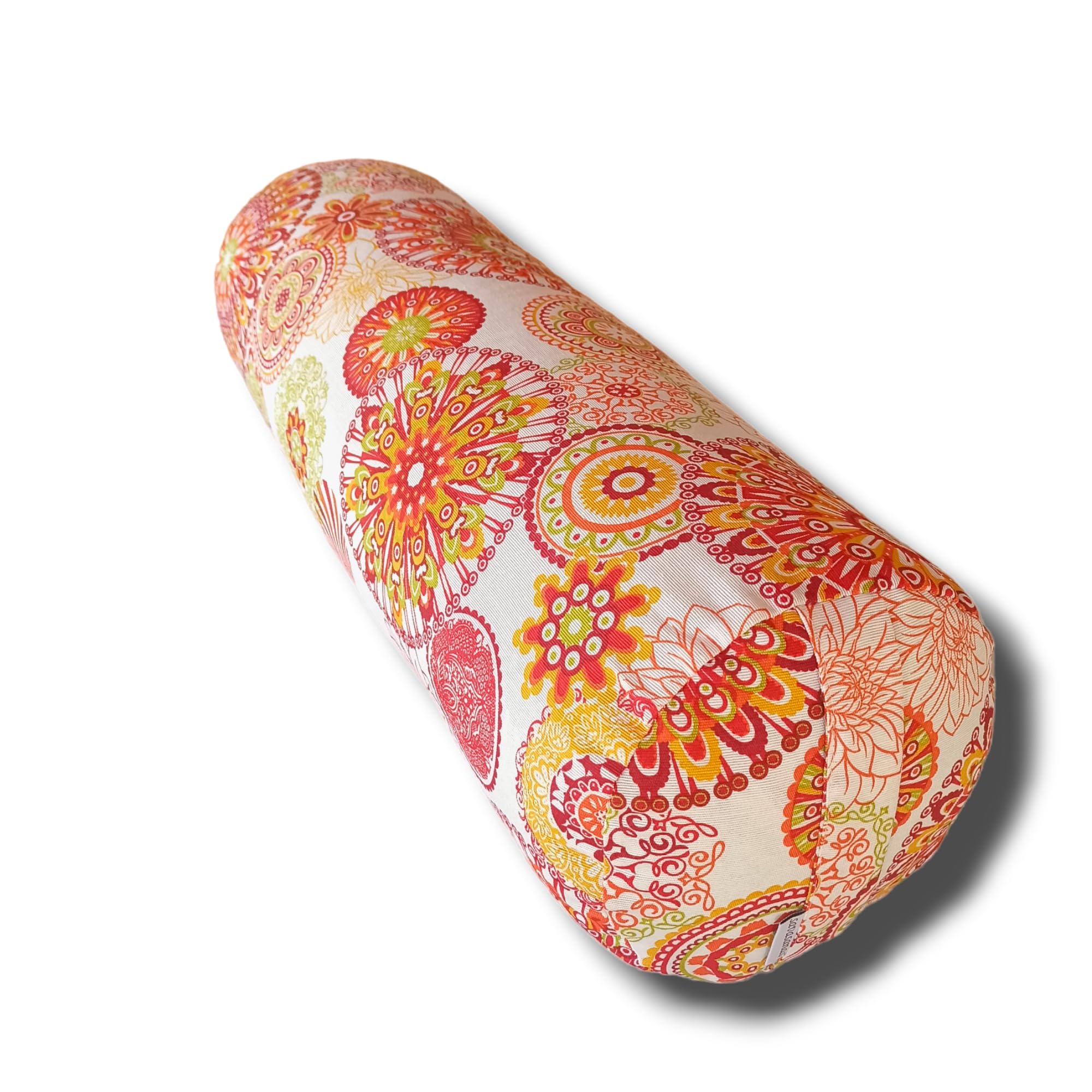 Bolster Yoga "Mandalas Naranja 2024", cojín cilíndrico, yoga accesorios, rodillo pilates, ideal para estirar espalda, relleno de cáscara de espelta ecológica, asa de transporte, 62x20cm
