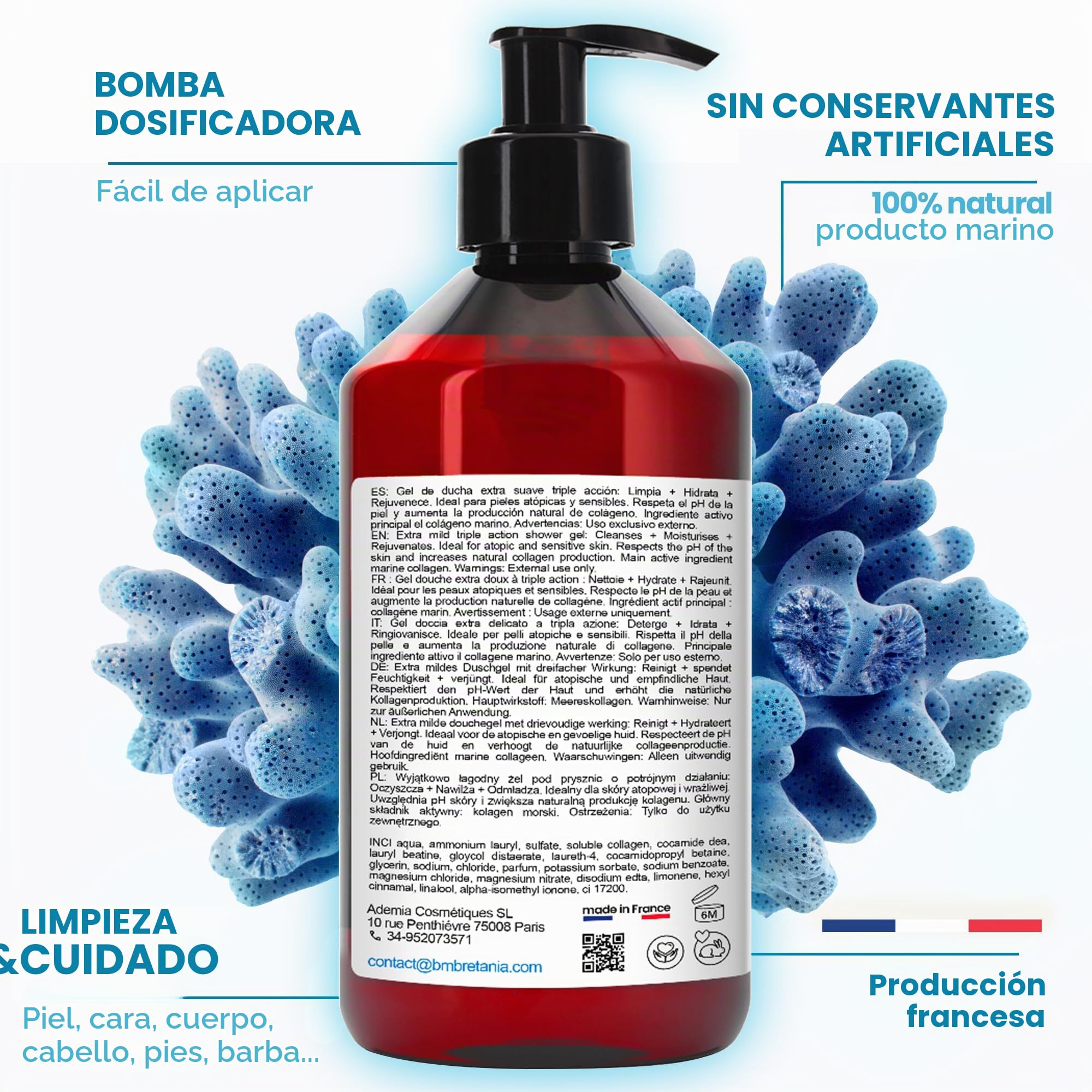 Gel de Ducha Perlado Extra Delicado con Colágeno, Triple Accion: Limpiador Facial, Corporal y del Cabello. Efecto Reafirmante y Anti Edad. Cuidado Piel Atopica, Sensible y Seca - 5000 ml