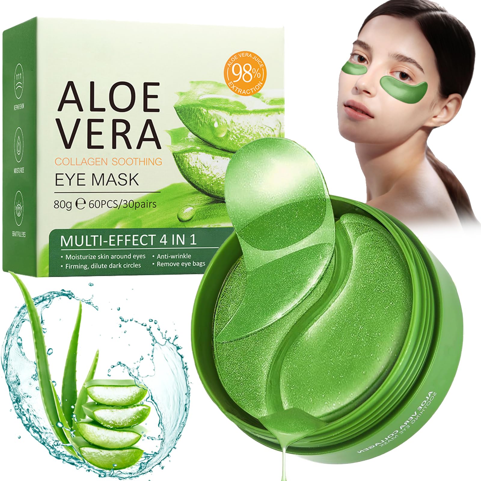 Patch Yeux Anti Cernes 60 Pièces, Patchs pour les Yeux Aloe Vera, Anti Poche Sous les Yeux, Patch Anti Cernes Homme Hommes ou femmes, Masque Yeux Réutilisable Hydratant et Lissant