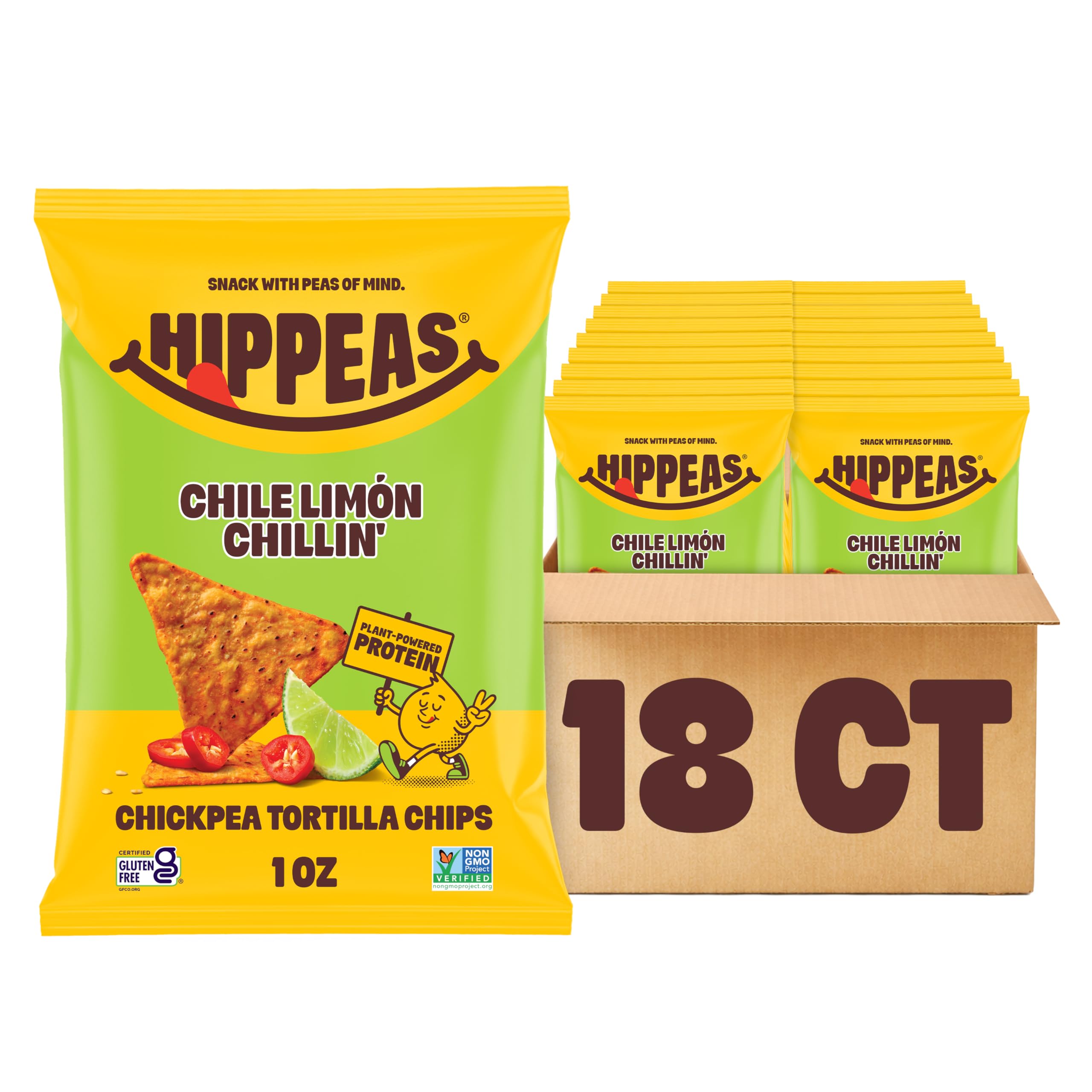 Hippeas Chile Limon Tortilla Chips 1oz (Pack of 18) 3g of Protein, 3g of Fiber, Gluten Free, Dairy Free, Plant Protein Snacks