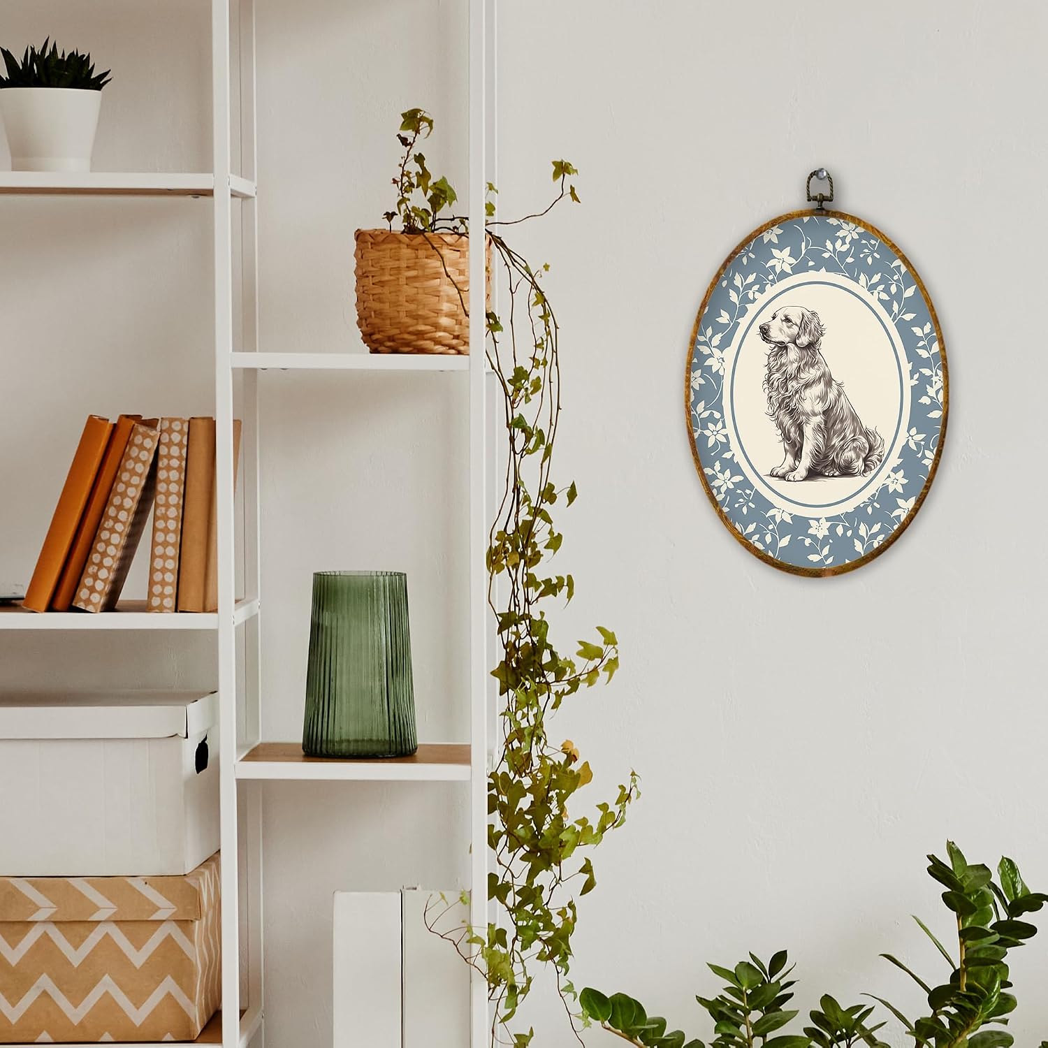 XPH Vintage Golden Retriever Oval Wall Art Framed, Golden Retriever Gifts for Women Oval Wall Decor, Blue Floral Dog Hanging Canvas Prints for Home Décor Bedroom Living Room Decoration, 8.6x11.4 Inch image 4