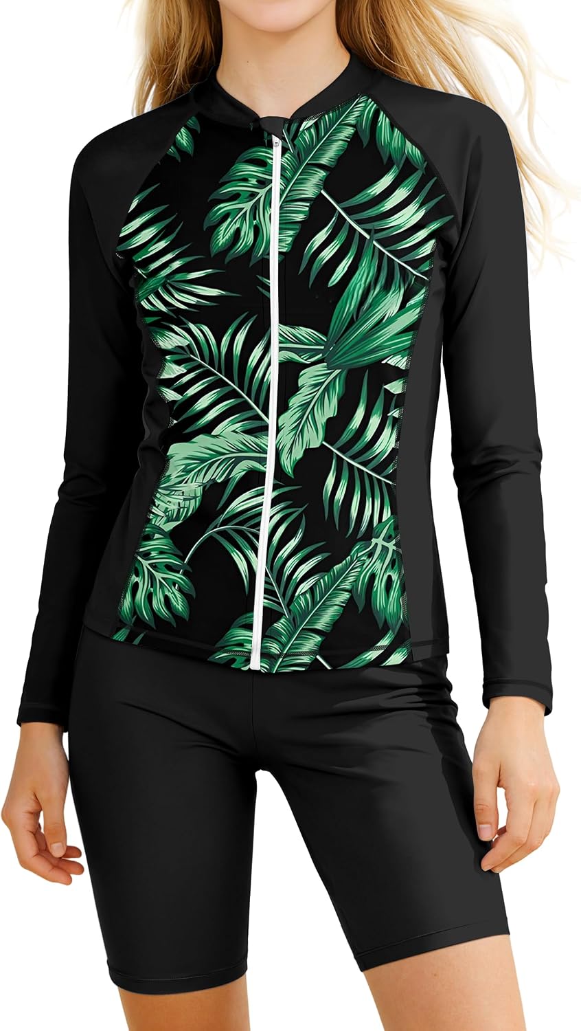 CrabQueen Girls Rash Guard Swimsuit 2 Piece Bathing Suit Long Sleeve Swimsuits UPF 50+ Sun Protection Girls' Swimwear 9-16Y