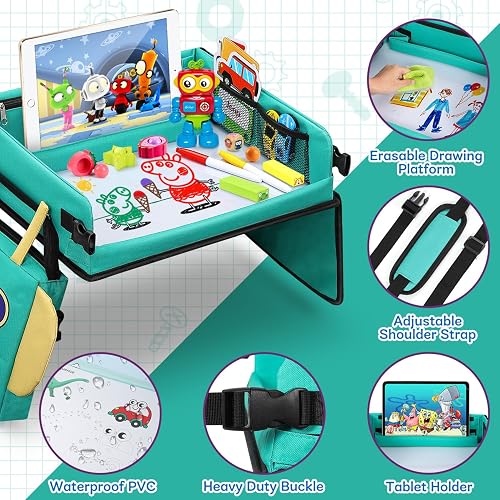 COOLJOY Kids Travel Tray for Toddler Car Seat, 2 in 1 Kids Lap Tray with Robot Backpack and Transparent Erasable Surface, Play Trays for Cars, Educational Travel Toys for Kids Toddlers Boys Girls - 4