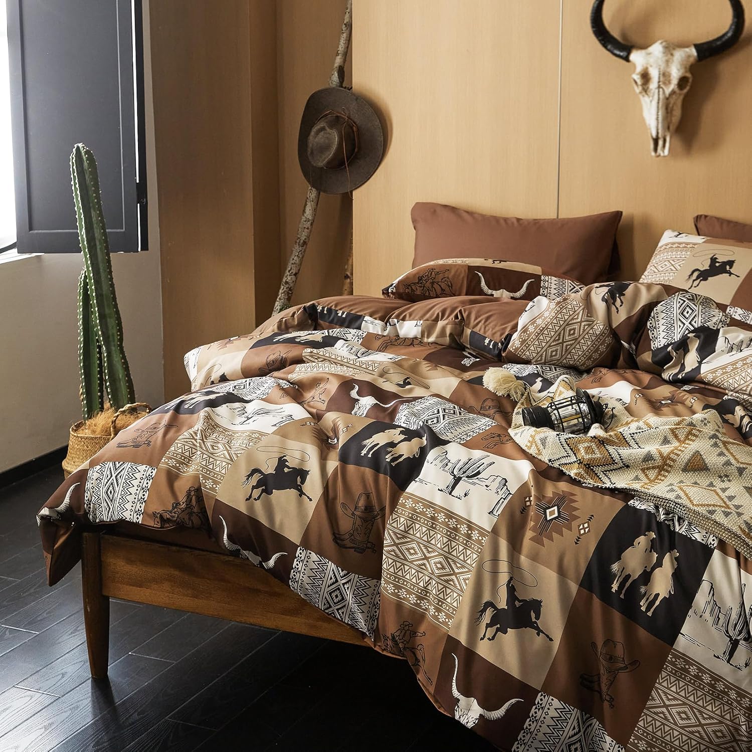 Wake In Cloud - Western Comforter Set, Southwestern Aztec Country Horse Cowboy Rustic Ranch Pattern Printed, Soft Lightweight Bedding, 3 Pieces, Tan Brown, Full Size - Image 5