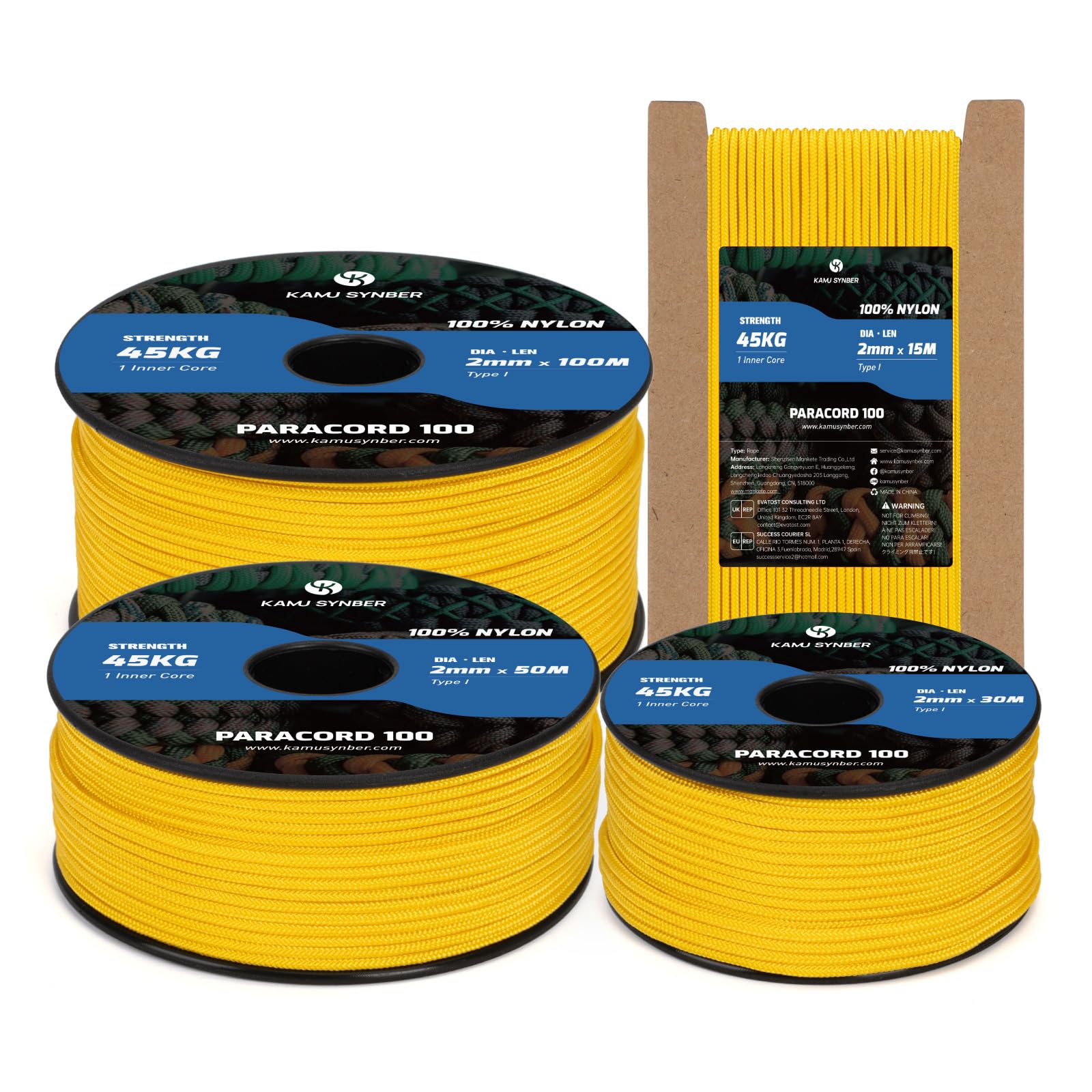 Kamu Synber 2mm Paracord 50M 100% Nylon Rope 1 Strand Type I Parachute Cord for Crafting, Outdoor, DIY, Camping | Support 45kg | Golden Yellow