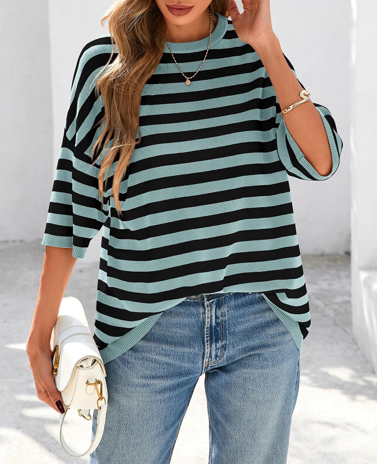 PRETTYGARDEN Womens Spring Summer Tops Fashion Striped Short Sleeve Sweater Crew Neck Lightweight Knit Oversized Shirts 2025 - Image 3