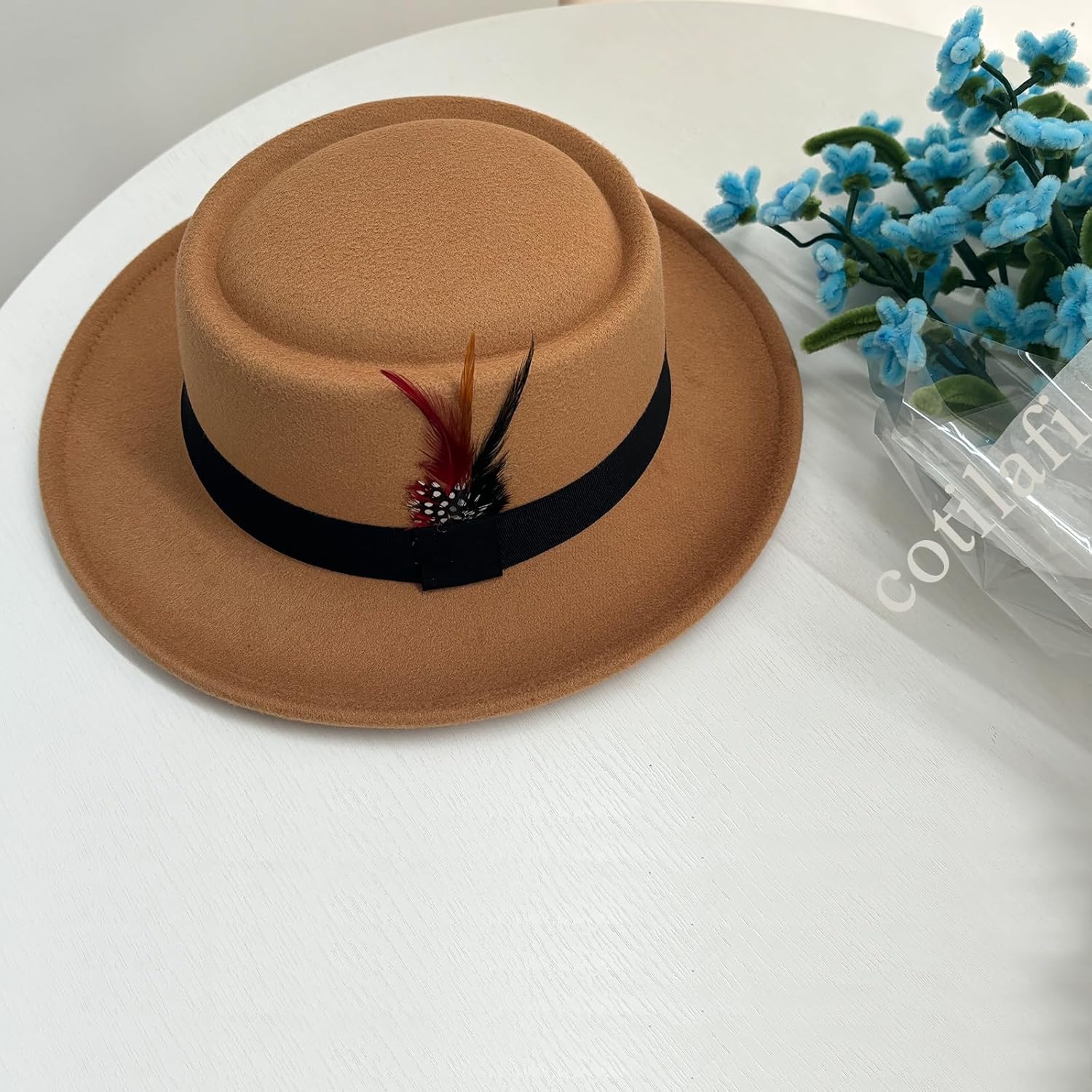 Classic Pork Pie Hat with Feathers Flat Top Fedora, Vintage Panama Hats, Warm Comfortable Jazz Cap