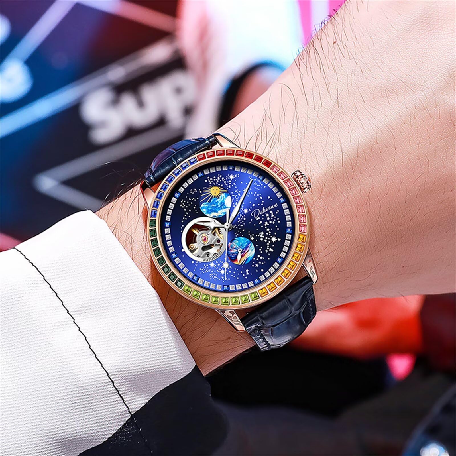 Orologio da uomo alla moda, quadrante con cielo stellato, meccanico a carica manuale, cinturino in pelle, casual, con fasi lunari, tourbillon, orologi automatici