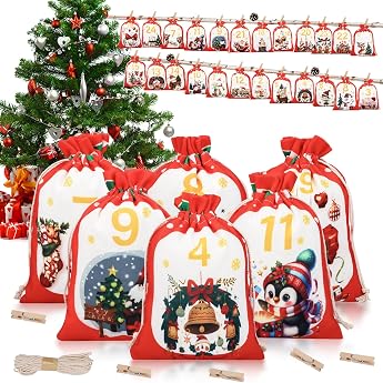 Advent Calendar for Filling 2026 24 Advent Calendar Bags Fill Yourself Fabric Advent Bags with Wooden Clips DIY Jute Bags Christmas Calendar Bags Reusable 18 x 13 cm