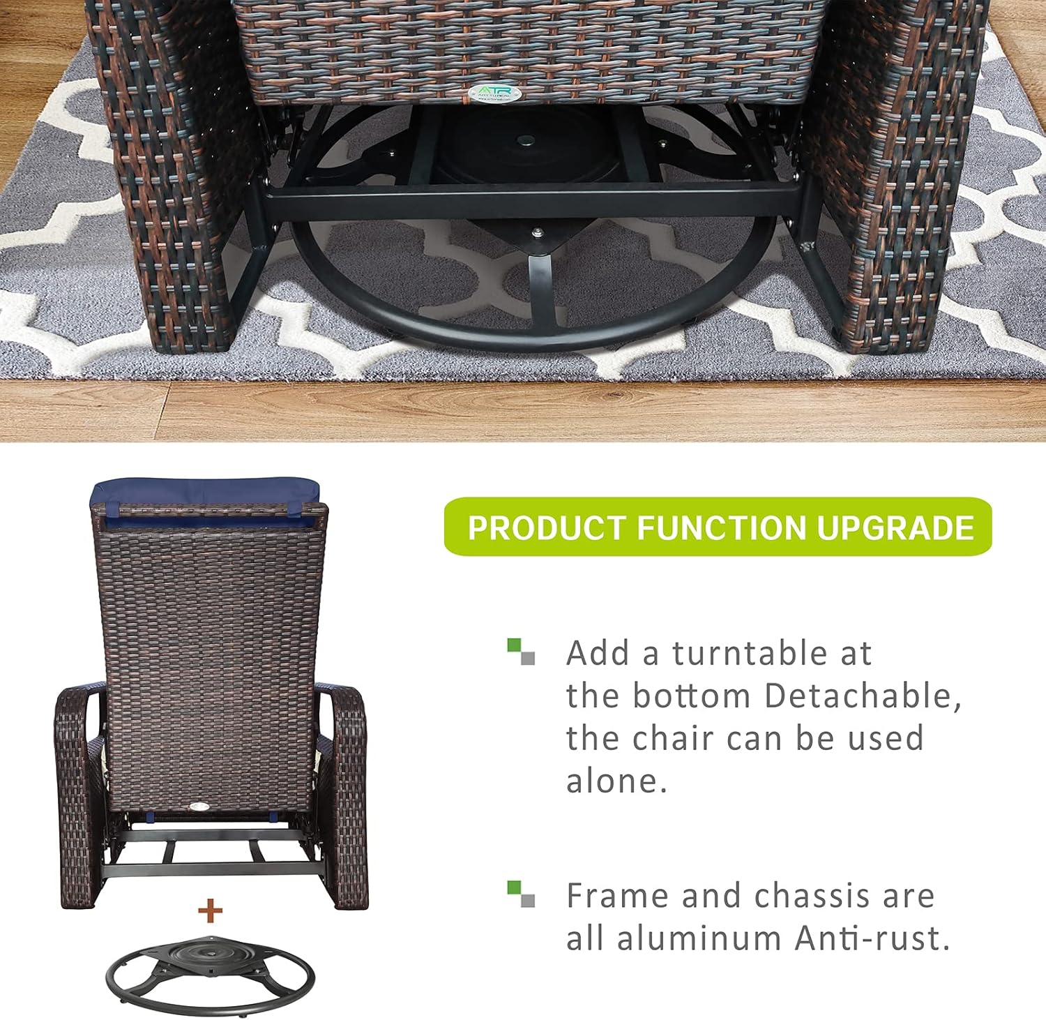 Skypatio Outdoor 360° Swivel Rattan Recliner Chair, Adjustable Backrest Patio Wicker Recliner Lounge Chair with Comfortable Cushions, All-Weather Resin Rattan & Aluminum Frame(Navy Blue)