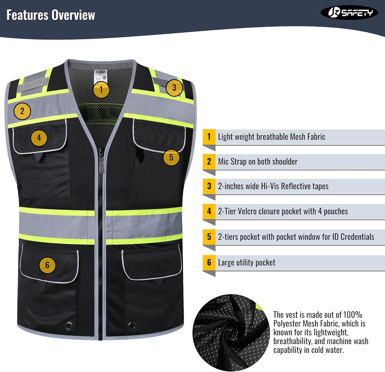 JKSafety Hi-Vis Unisex Surveyor Safety Vest Heavy Duty PPE Inner Pockets ANSI/ISEA Compliant - Image 3