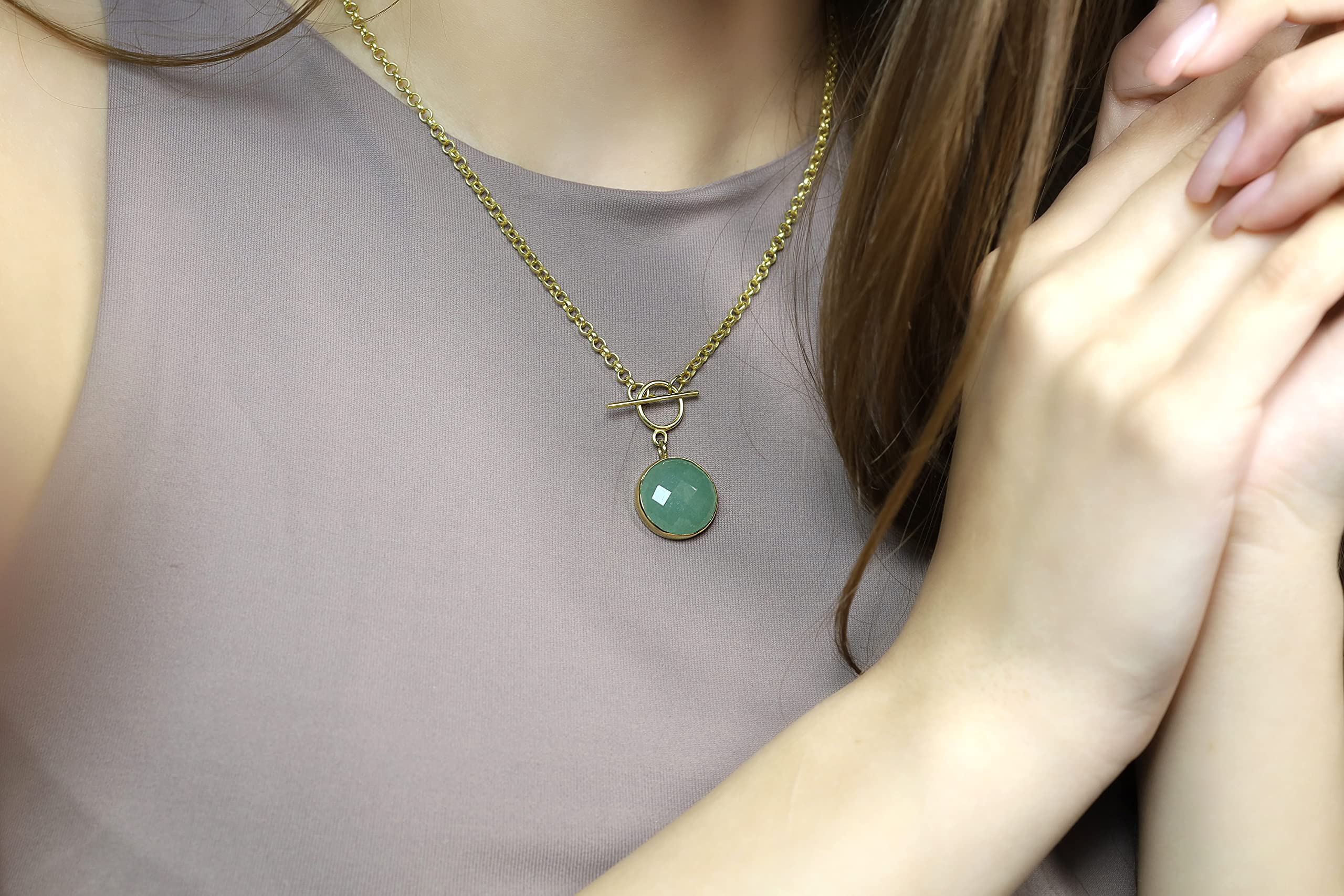 Aventurine Verte Collier Pendentif T-Lock - Pendentif à Breloque en Or - Résistant à la Ternissure - Pierre Précieuse Ronde Taillée en Rose - Couleur Verte Etonnante - Propriétés Minérales