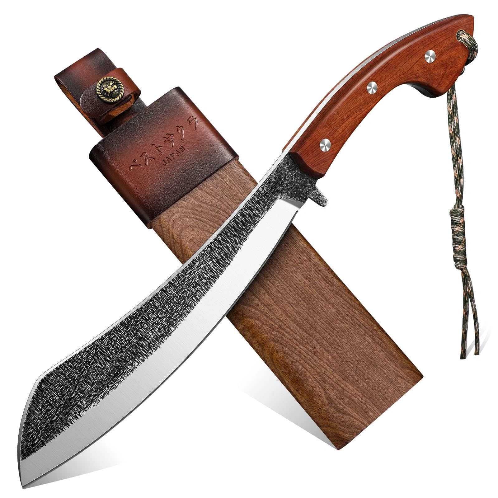 Golden Bird Outdoor Messer Survival Machete Großes Full Tang Design mit Holzgriff und Eichenholz-Scheide – Präzise Bushcraft Messer für Camping, Gartenarbeit und Überlebenssituationen- Geschenke
