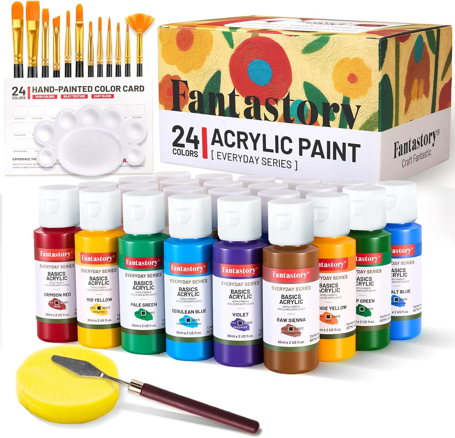 Fantastory Acrylic Paint Set 24 Classic Colors(2oz /60ml) with 12 Brushes, Good Coverage,Non-toxic,Non-fading, Waterproof, Acrylic Paint Kit for Artwork & DIY