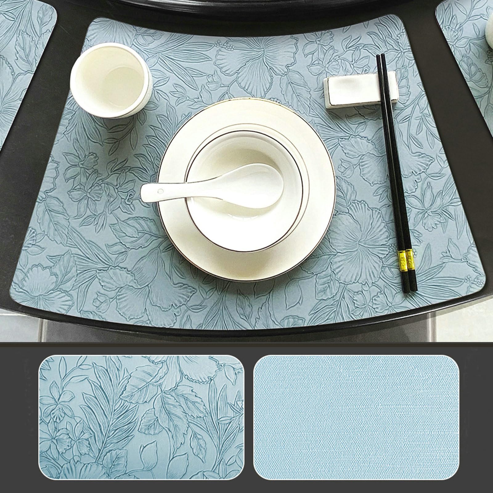 Juego de 8 manteles individuales de cuero resistentes al calor, antideslizantes, lavables, color sólido, textura de hojas de flores, color azul cielo, para hogar, fiesta, boda, restaurante, 30