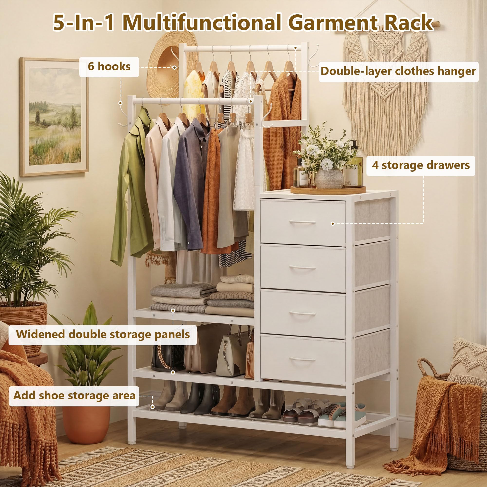 iPormis 3 in 1 Kommode Schlafzimmer, inklusive 4 Stoffschubladen, mit 2 Kleiderstange und 5 Kleiderhaken, das untere dreilagige Aufbewahrungsdesign kann Schuhe, Taschen, Kleidung und andere
