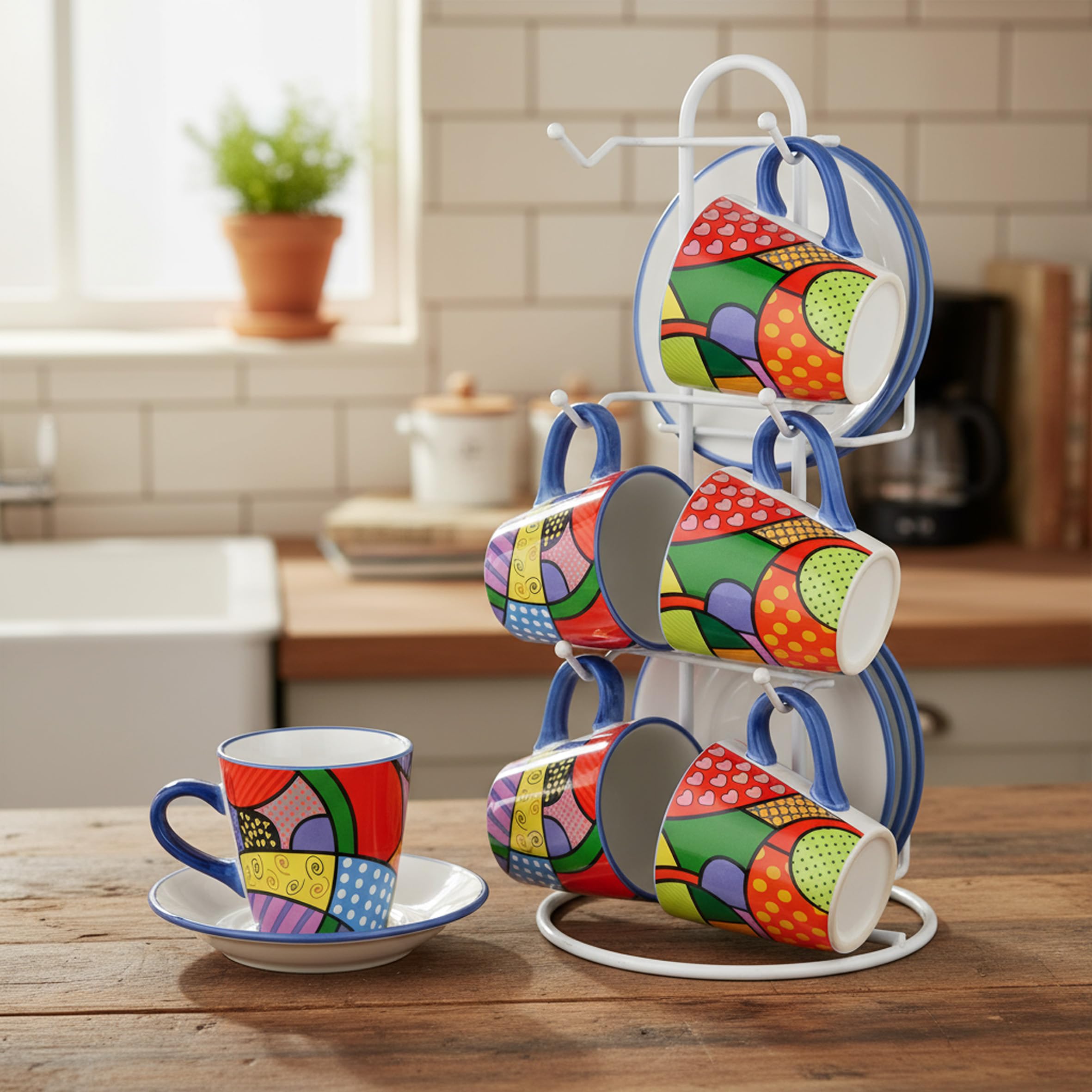 Baroni Home Set 6 Tasses Café Céramique Peintes à La Main + Porte-Tasses Metal – Ligne Cementine