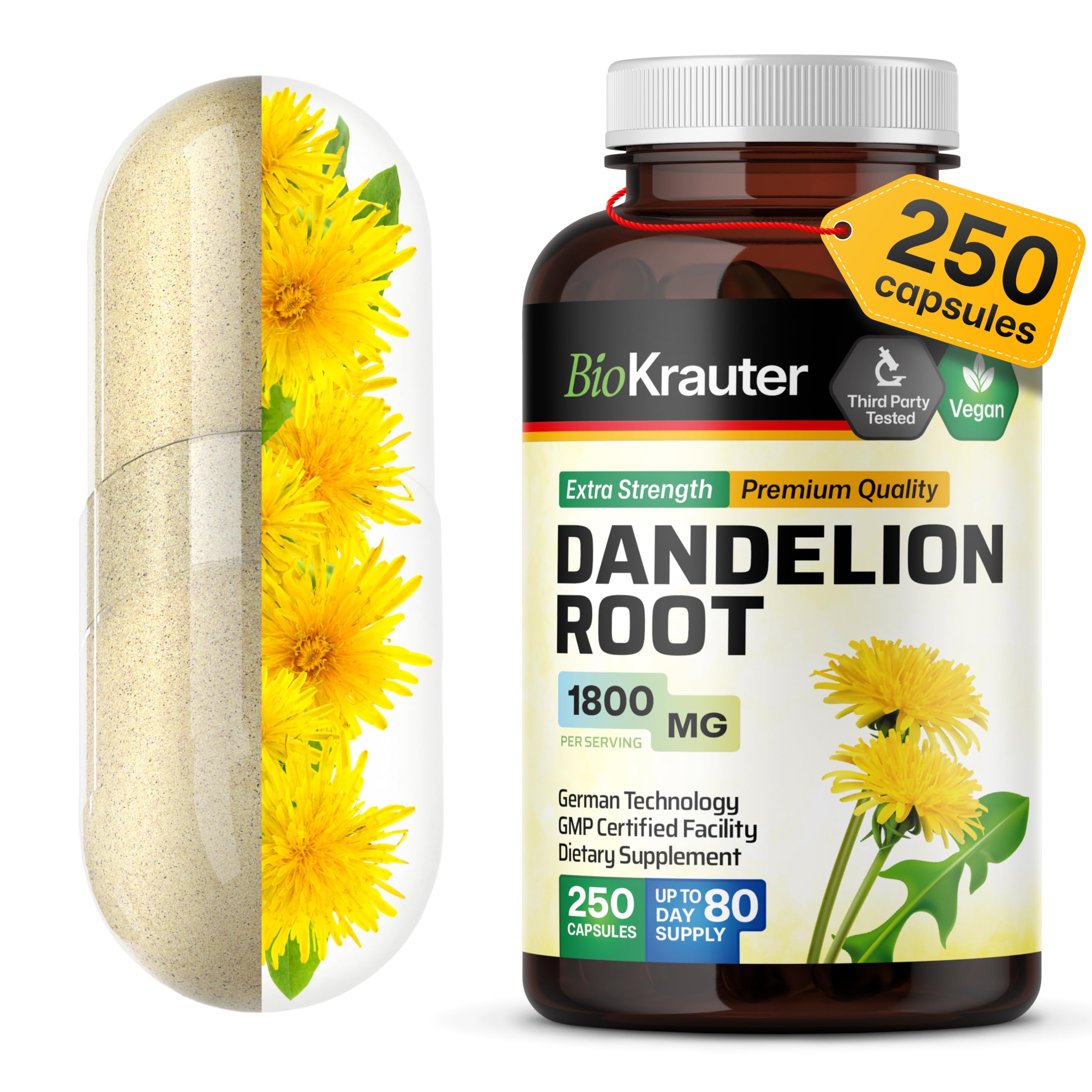 BIO KRAUTER® Dandelion Root Extract - Vegan & Pure Dandelion Root Capsules 1800 mg per Serving 250 Caps - Used for Liver & Kidney Support, Cleanse & Detox - No Fillers, Non-GMO - 83 Days of Supply