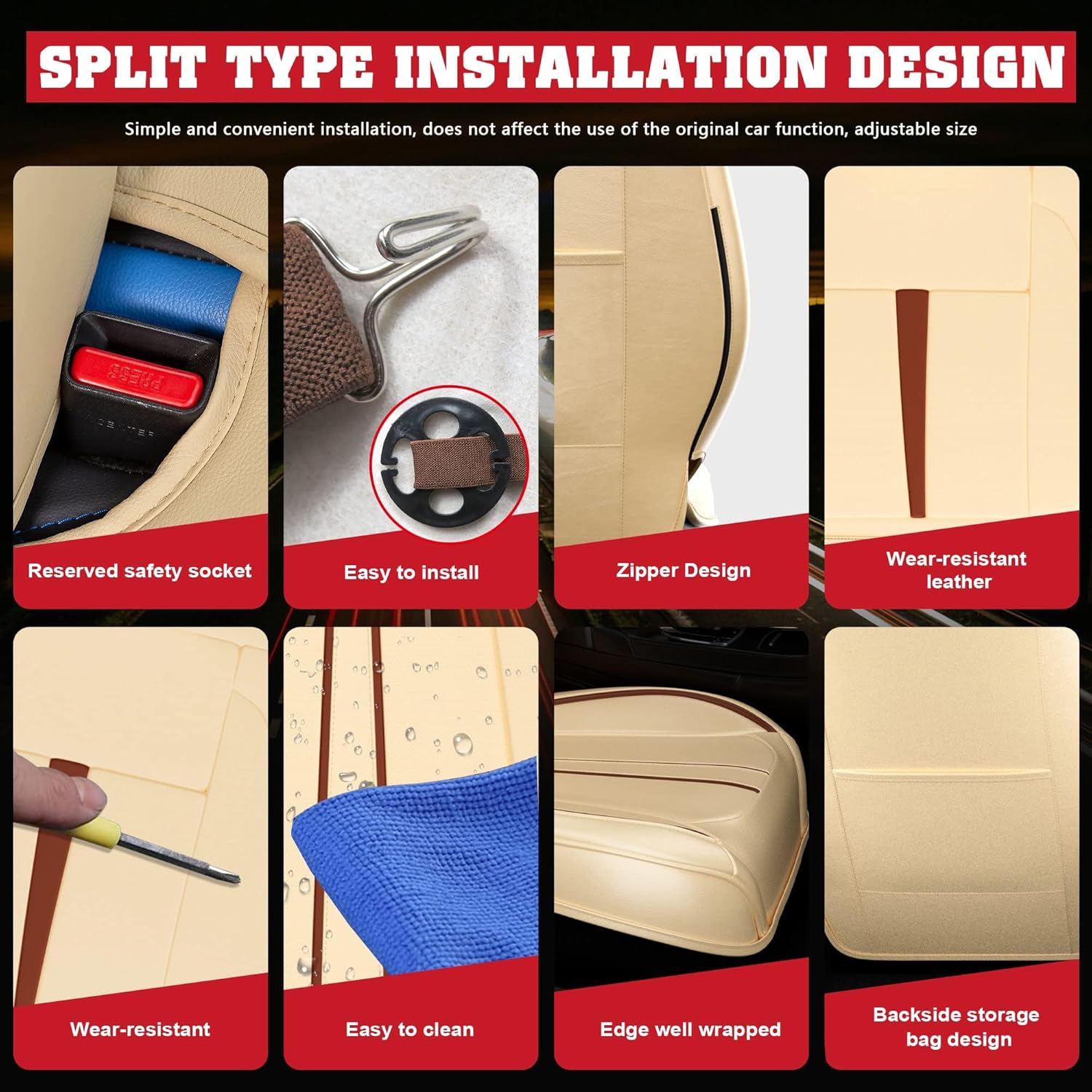 ASLONG 5PCS 2025 Front and Back Car Seat Covers Auto Interior Accessories with Water Proof Nappa Leather for Cars SUV Pick-up Truck Universal Comfortable and Breathable (Full Set, Beige)