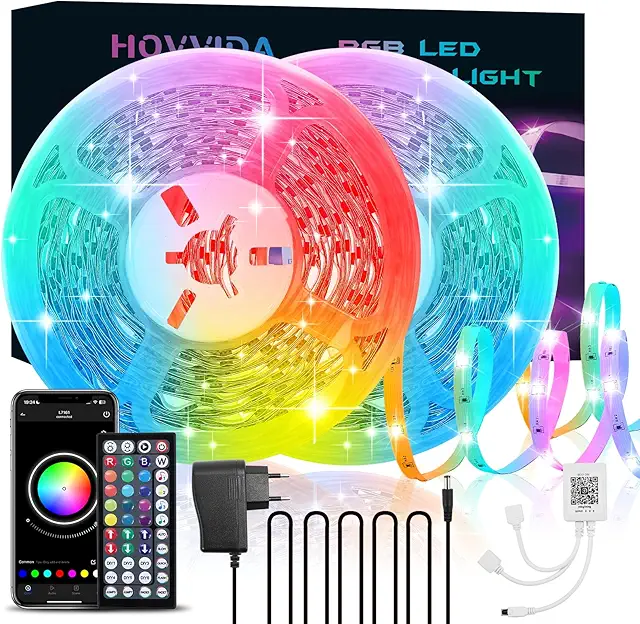 Imagen relacionada con HOVVIDA Tira LED 20M, 2x10M, 24 LEDs/Metro, RGB 24V Luces LED, 480 LED, APP y Control Remoto, Sincronización de Música, Modo Temporización, LED para Habitación, Sala de Juegos, Fiesta