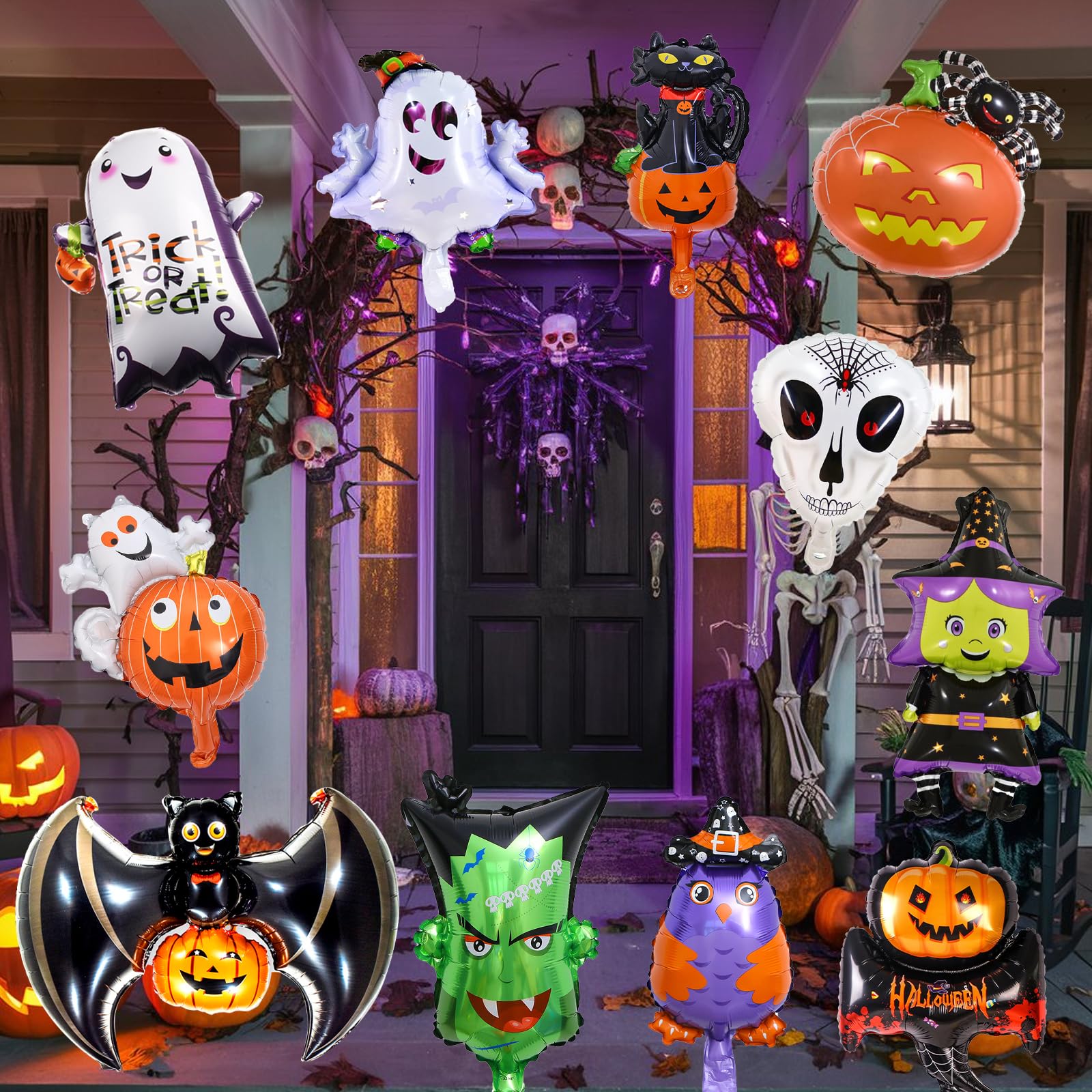 11 Stück Halloween Folienballon Set, Mini Luftballon Geist Spinne Kürbis Katze Hexe Monster Totenkopf Eule Helium Halloween Deko Ballon für Kinder Gruselig Halloween Trick or Treat Party Dekoration