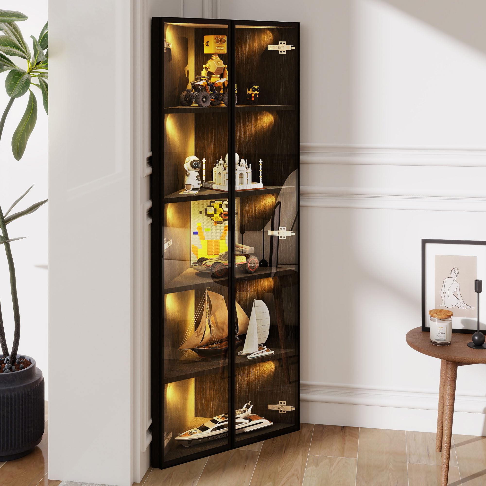 Merax Highboard, mit Glastür und Rattangeflecht, Vitrine Landhaus, Kommode, Sideboard