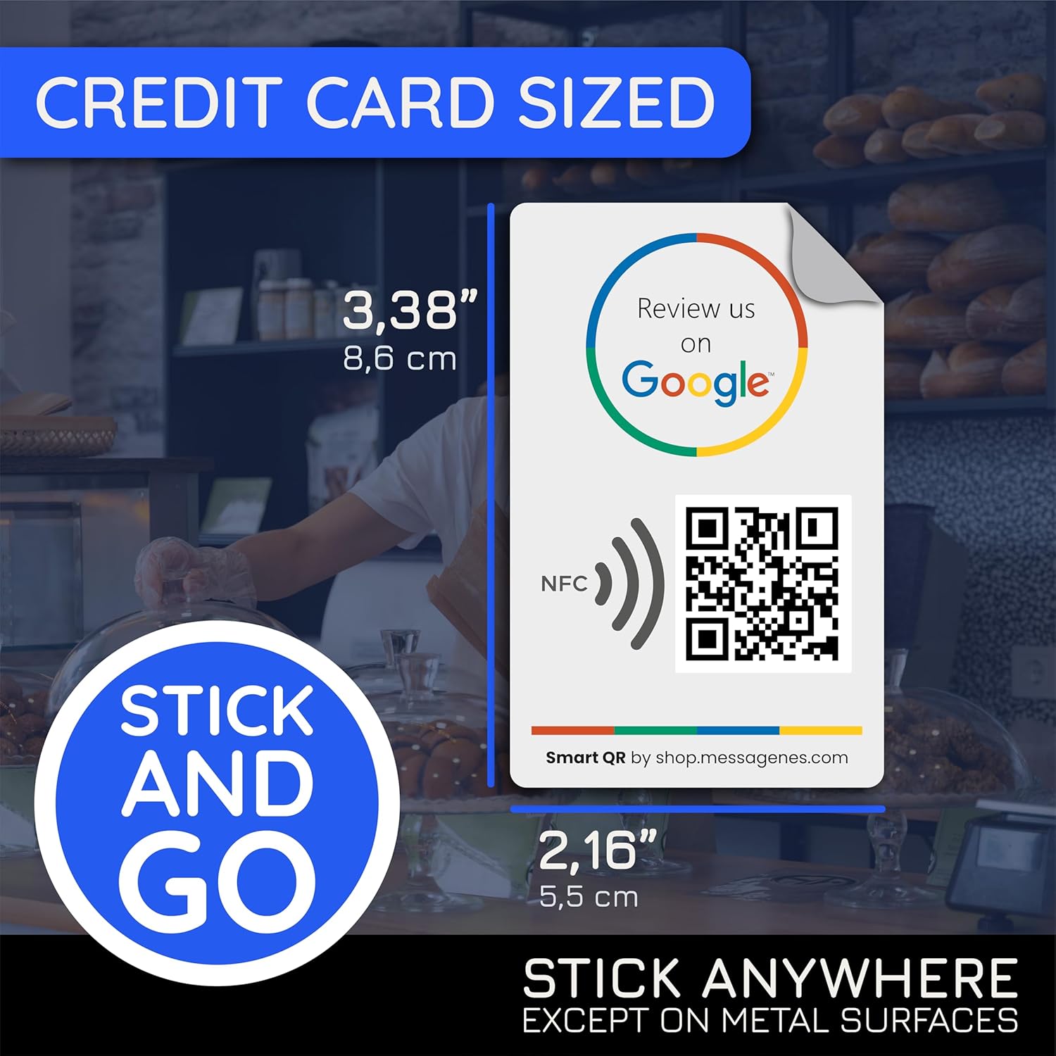 Reusable Tap Sticker for Google Reviews - 2-Sticker Pack QR & NFC - Review Us on Google - iPhone & Android | by MESSAGENES