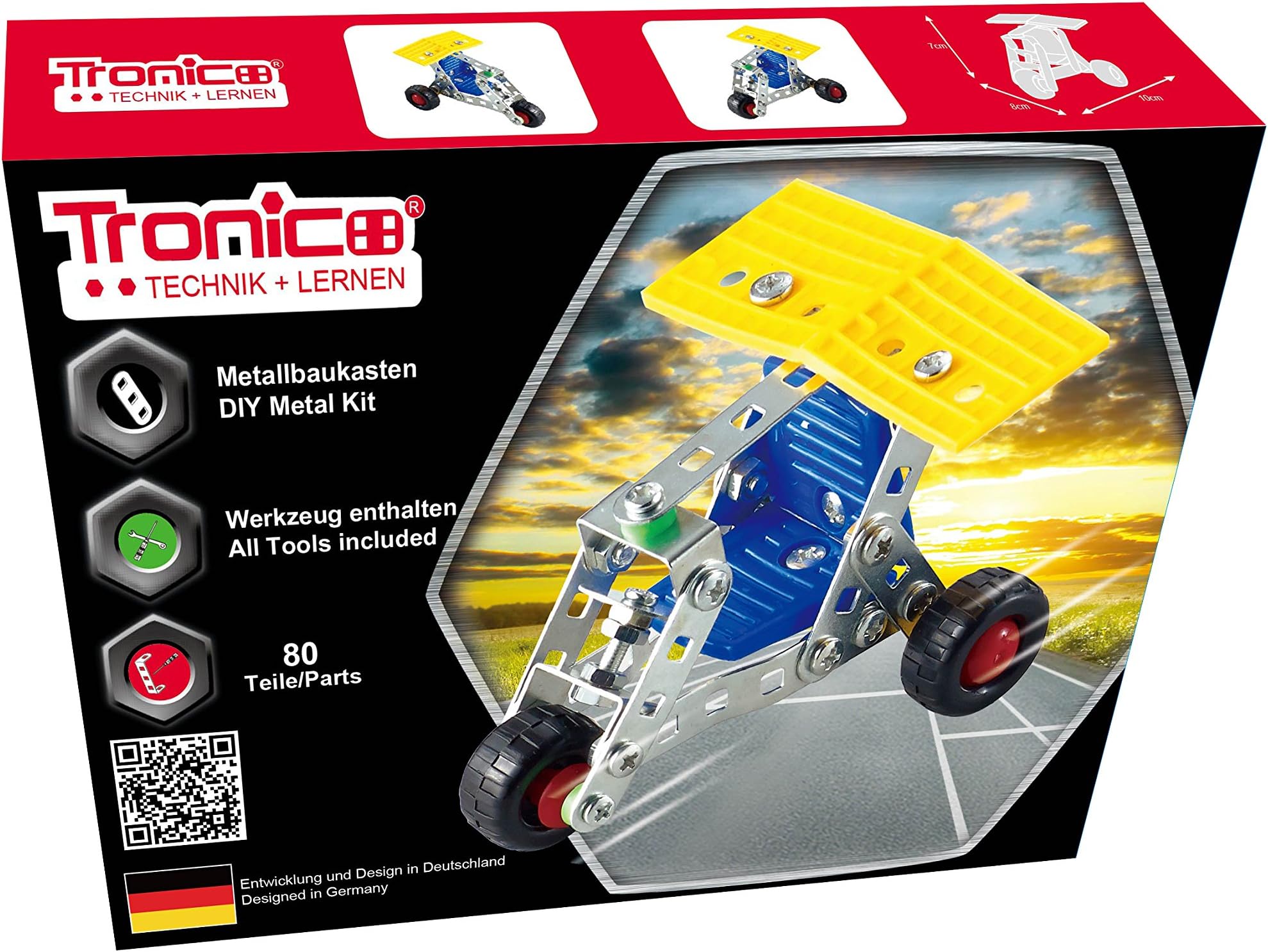 Metal Construction Model Kit, TRICYCLE, 80 parts, Tronico© Germany, including tools, metal mechanical construction, kids metal kits, metal mechanics kits