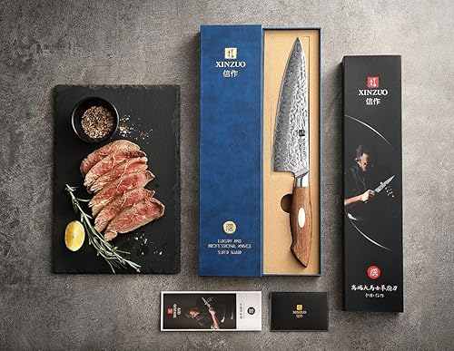 Miniatura 9 de XINZUO Cuchillo de chef de acero de Damasco de 8.3 pulgadas y 67 capas, cuchillo de chef japonés AUS-10 forjado a mano con caja de regalo, mango de