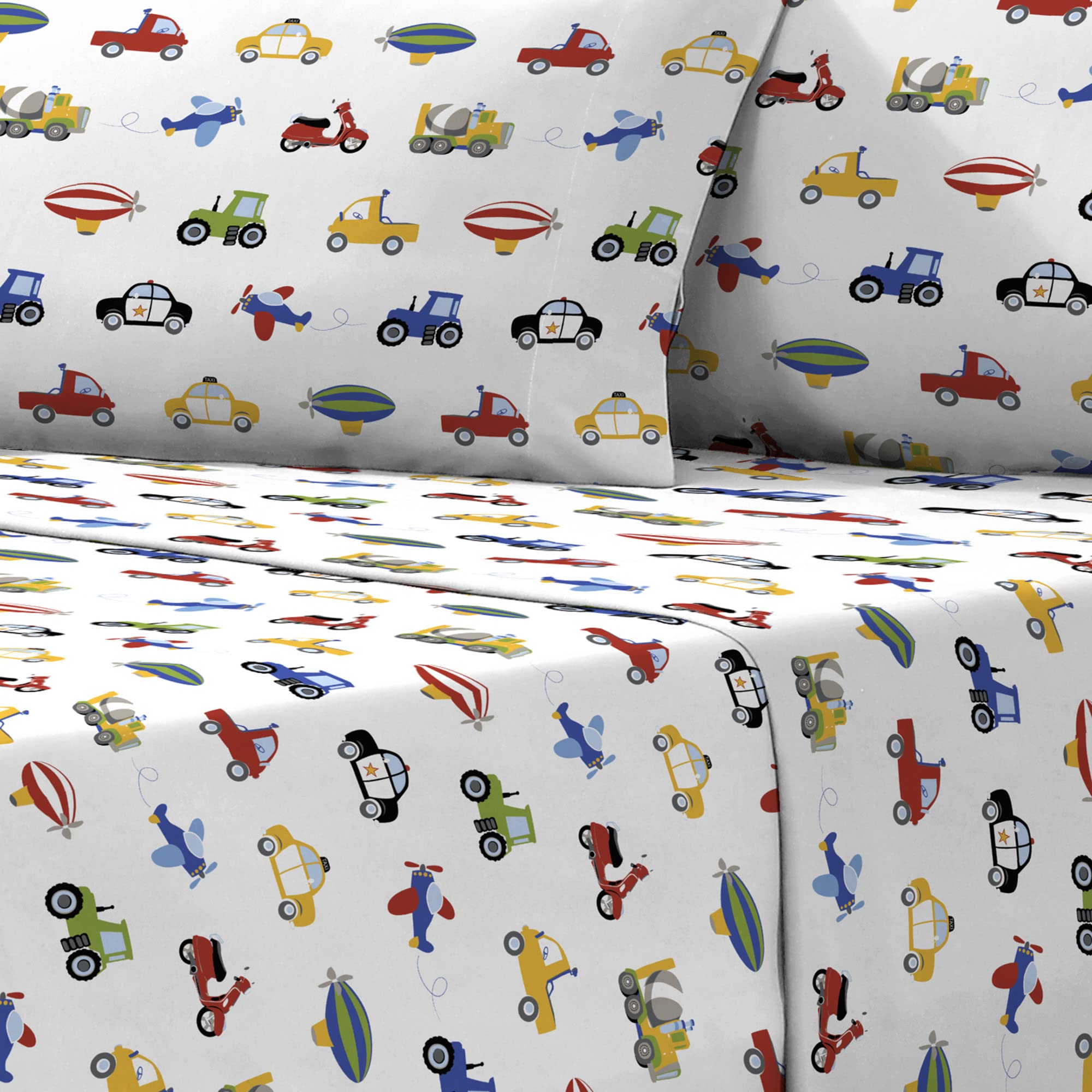 Dream Factory Zestaw pościeli dla dzieci lekkie prześcieradła z mikrofibry super miękkie łatwe mycie przytulna pościel 25 cm kieszeń - pełne, niebieskie ciężarówki traktory samochody