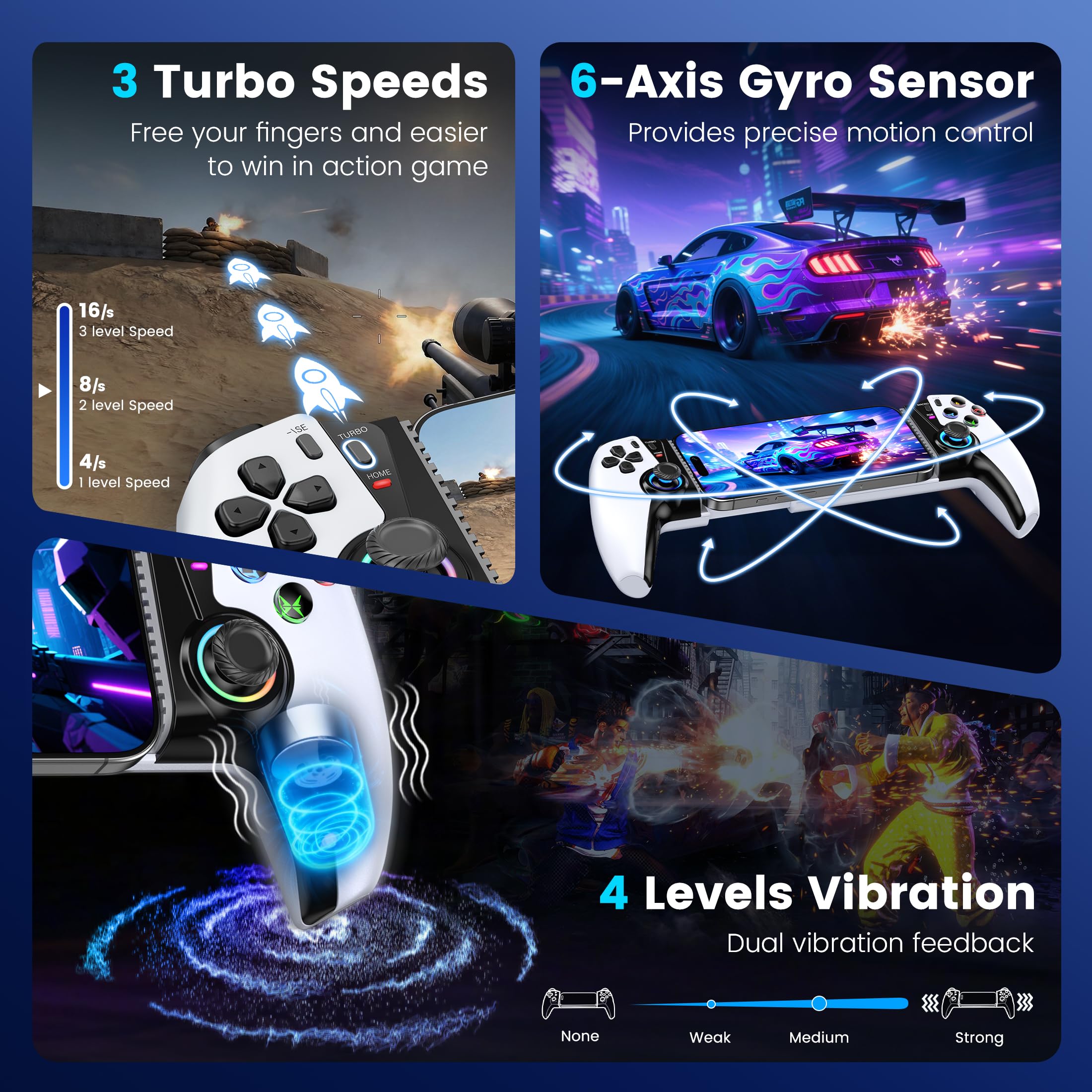 Controlador de teléfono para iPhone/Android/Switch 1/2/OLED/iPad Mini con joystick Hall, controlador inalámbrico LED para juegos móviles para iOS compatible con PS Remote Play, Xbox Cloud, Steam Link
