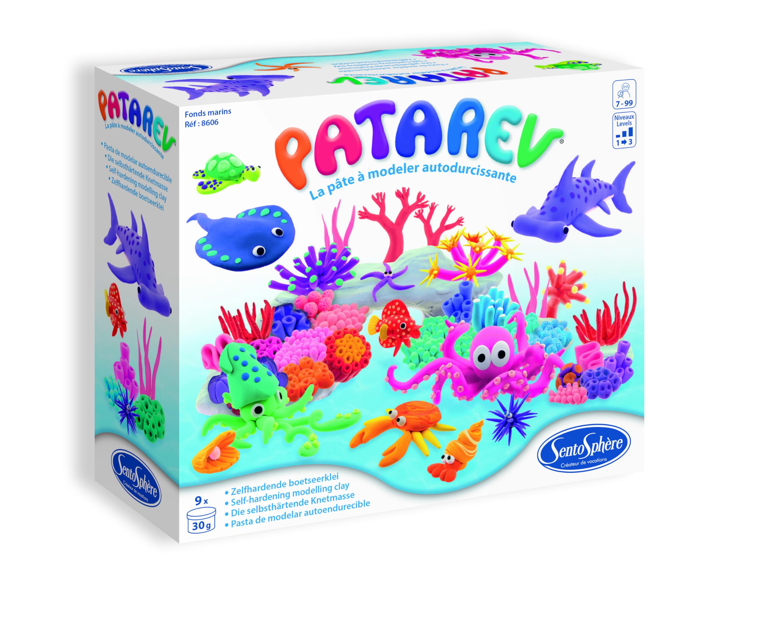 Sentosphère – Fonds Marins - Patarev - Blister de 9 pots - Pâte à modeler - Pour créations artistiques - Décoration - Pour enfants dès 7 ans - Assemblé en France - 8706, Bianco