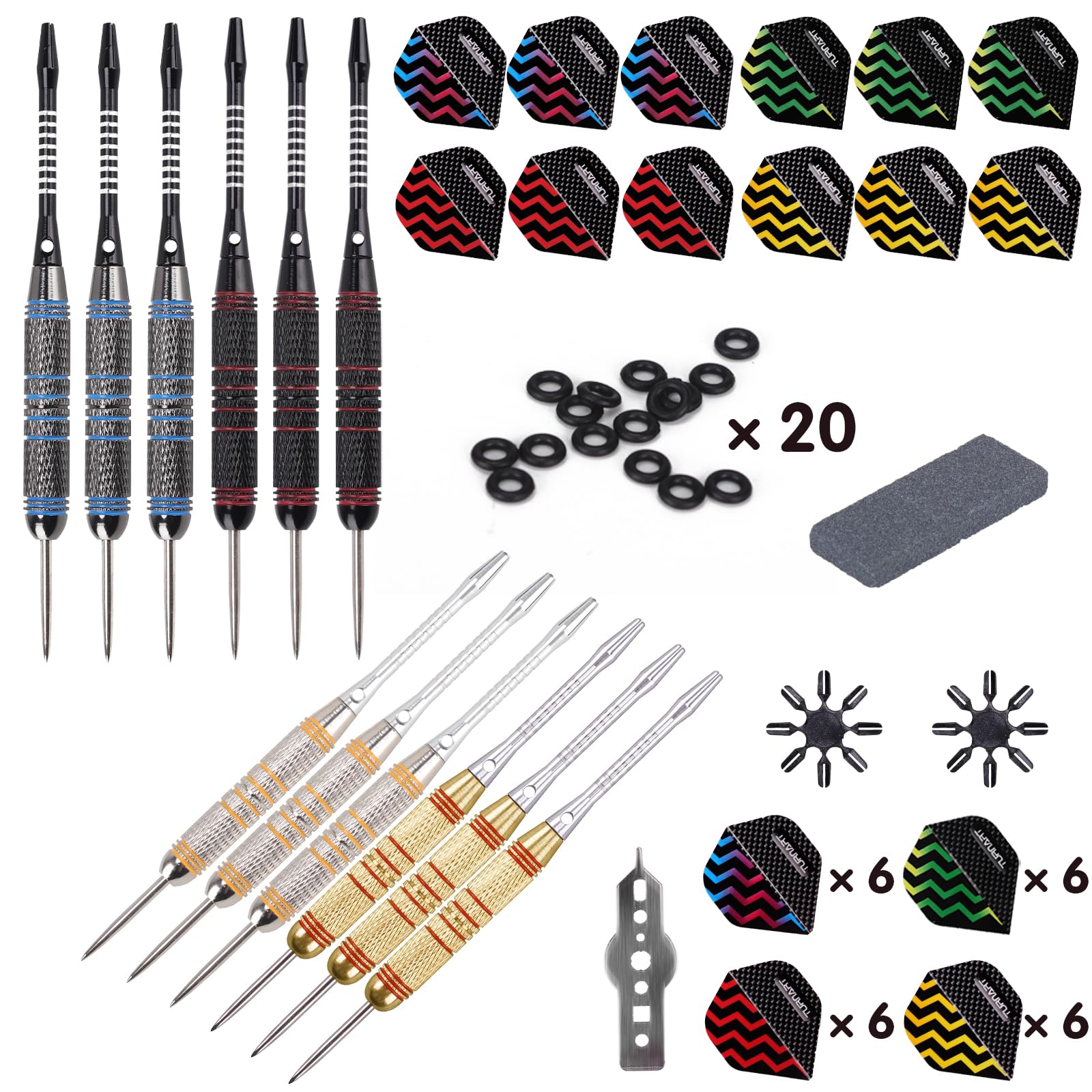 Turnart Rzutki do darta metalowe groty – 12 sztuk 24 g, profesjonalne rzutki do darta stalowe, zestaw 12 aluminiowych trzonków z 24 piórami, 20 gumowych pierścieni zapobiegających rozluźnieniu