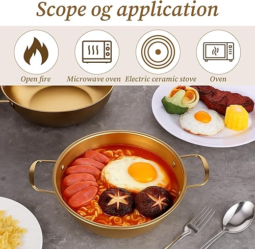 Miniatura 5 de Paquete de 3 macetas coreanas para fideos ramen, olla de acero inoxidable dorada para sopa, fideos, pasta, hogar y exterior, apta para lavavajillas,