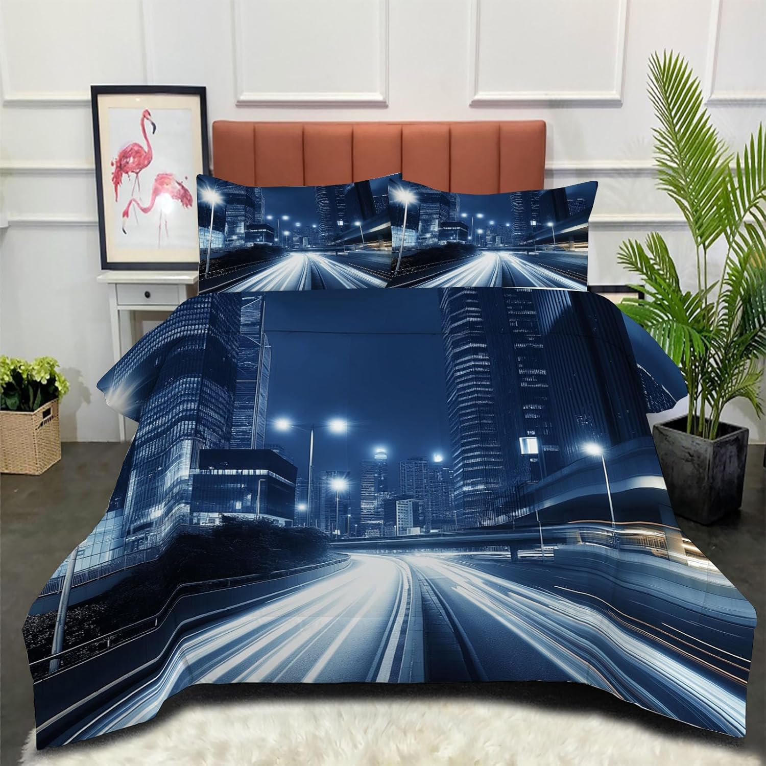 3D City Car Comforter Set Twin Size Bedding Set High-Speed Driving All Season Down Comforter Printed Quilted with 2 Pillow Shams for Kids, Teens, Adults 68 x 86in Gray Blue