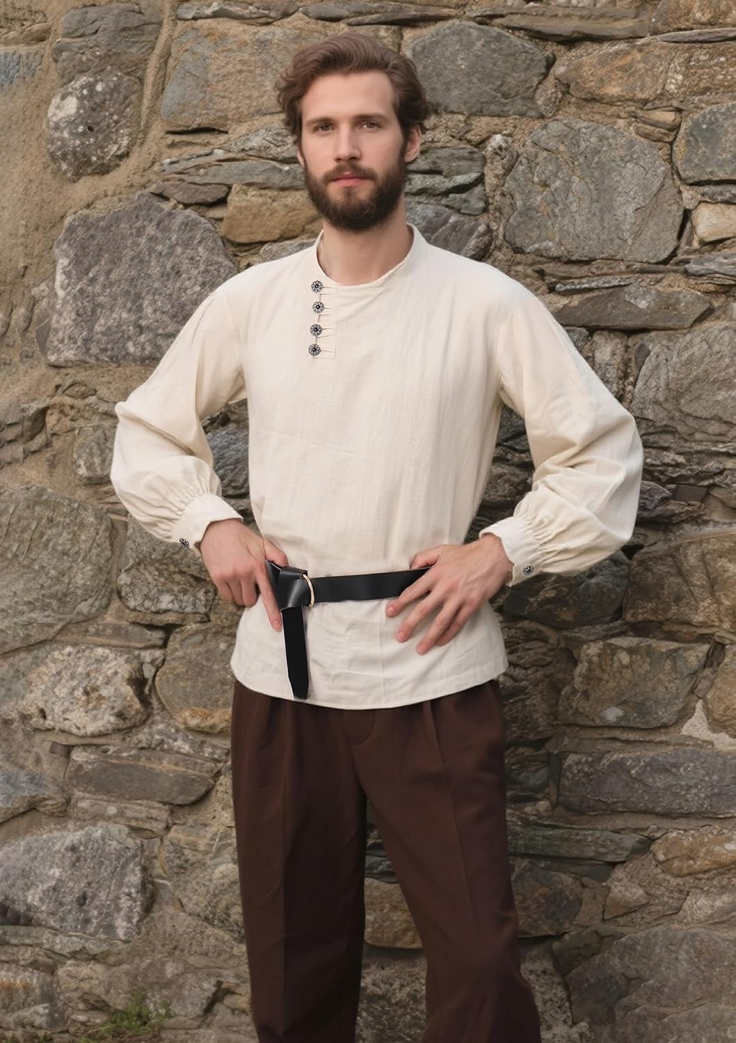 DAZCOS US Size Medieval Undershirts for Men Renaissance Pirate Shirt slant opening Peasant Linen Long Sleeves Retro Costume - Image 4