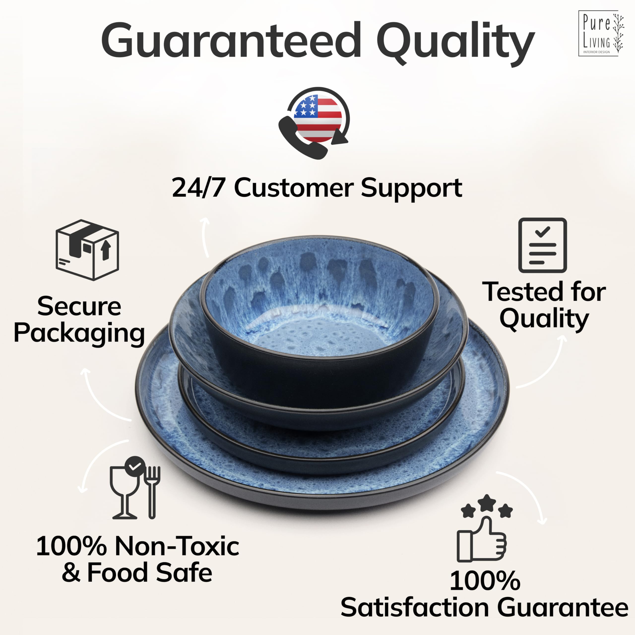 24 Piece Dinnerware Sets for 6 - Stoneware Tableware Set - Bowl and Plate Set - Dinner Service 6 persons - Tableware Sets Pure Living Black Deep Blue