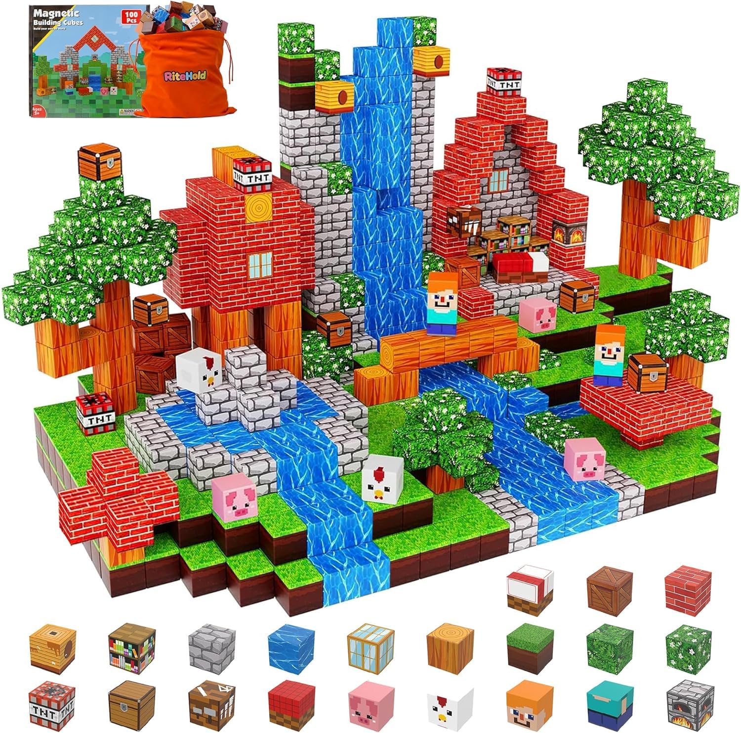 idream magnetic building blocks 100 pcs, magnetic cubes stem toy for kids, creative construction tiles, educational gift for boys & girls ages 3+ (forest)