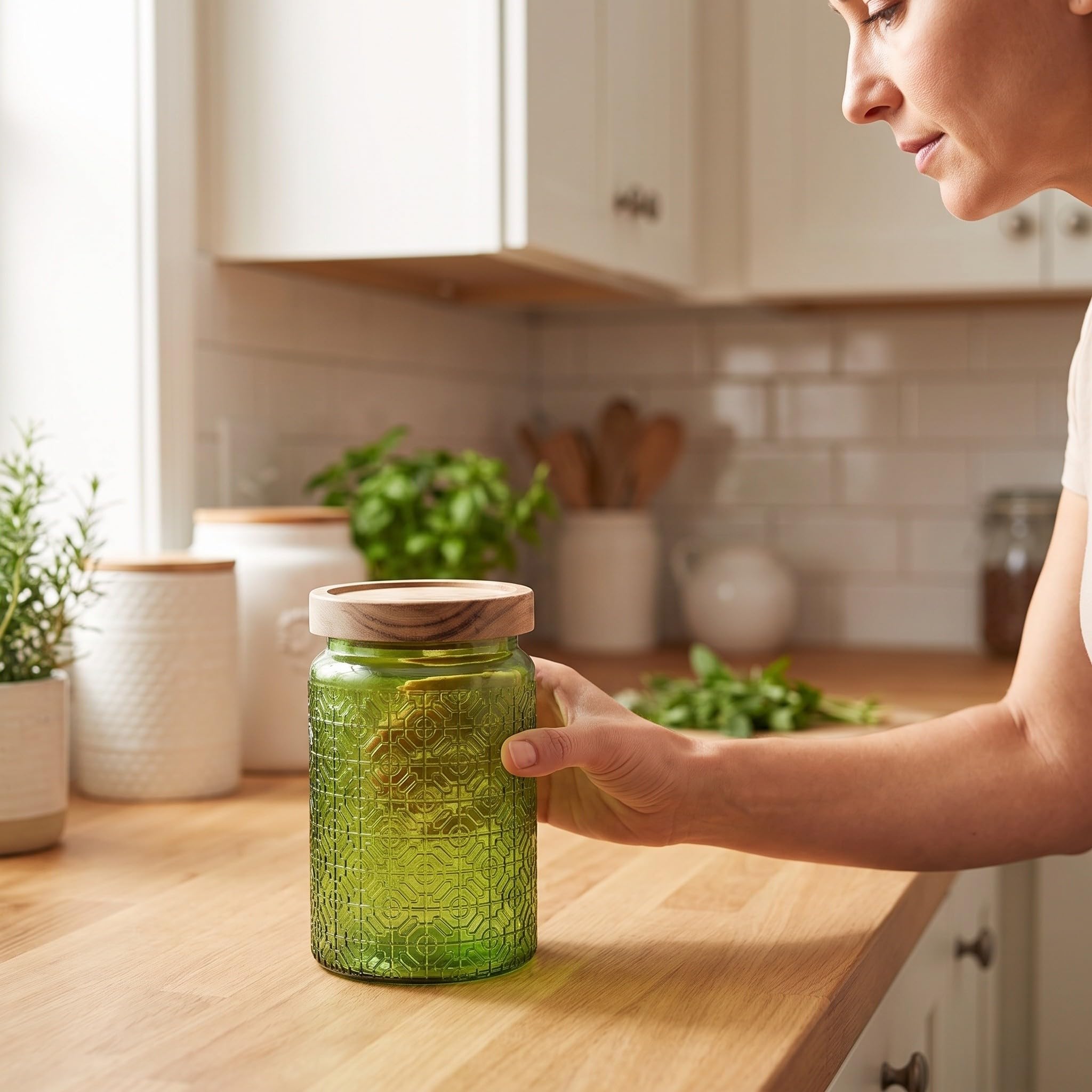 OUNONA 3 tarros de vidrio para almacenar alimentos con tapas de madera,