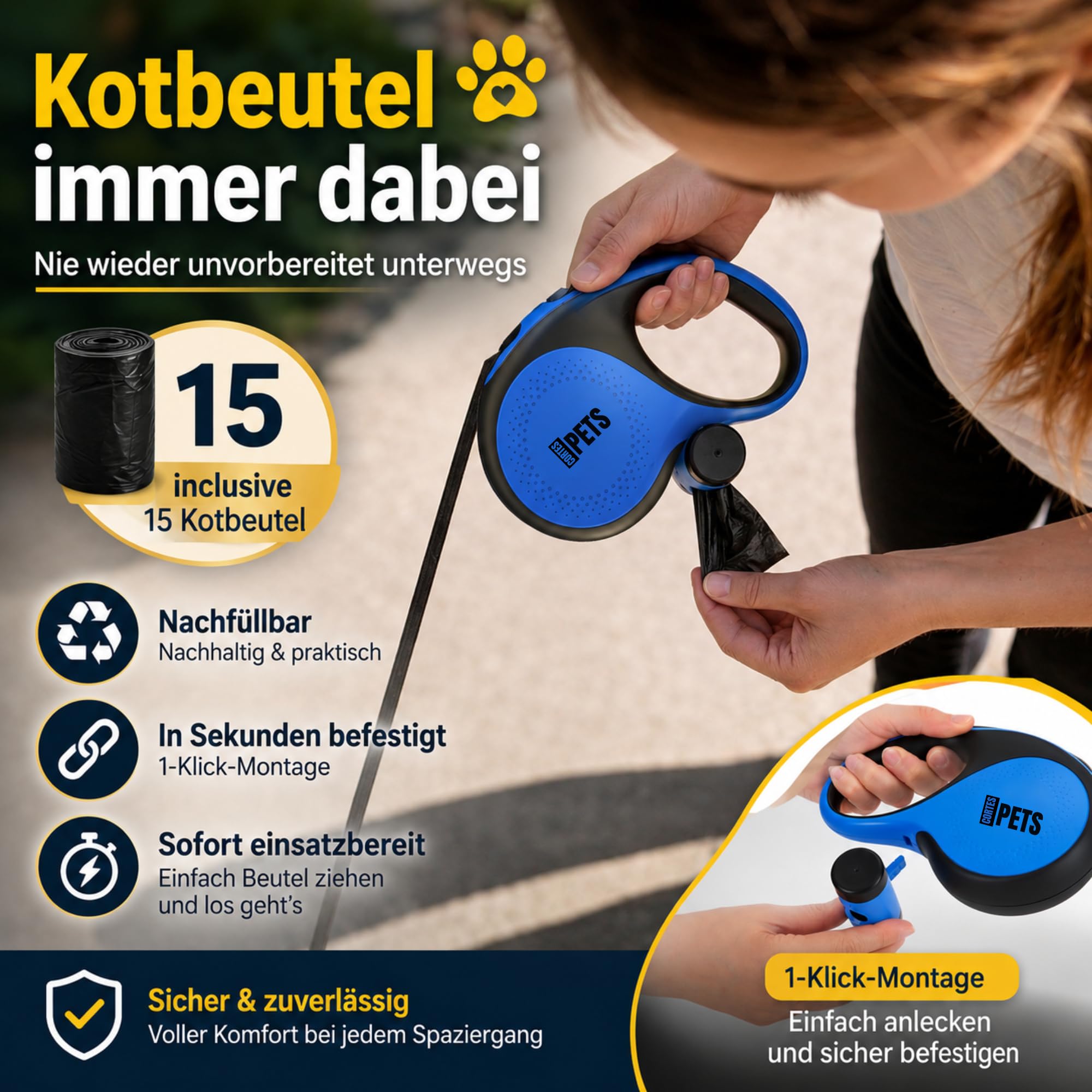 Guinzaglio per cani allungabile Retrattile 8m, con sacchetto per escrementi per canii fino a 50 kg, ideale per cani di taglia grande, media e piccola. (Blu, XL - 8m - fino a 50 kg)