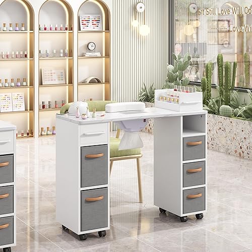 JAXPETY Mesa de manicura de madera para uñas con colector de polvo eléctrico, cajones de almacenamiento, cojín de muñeca, estación de trabajo de