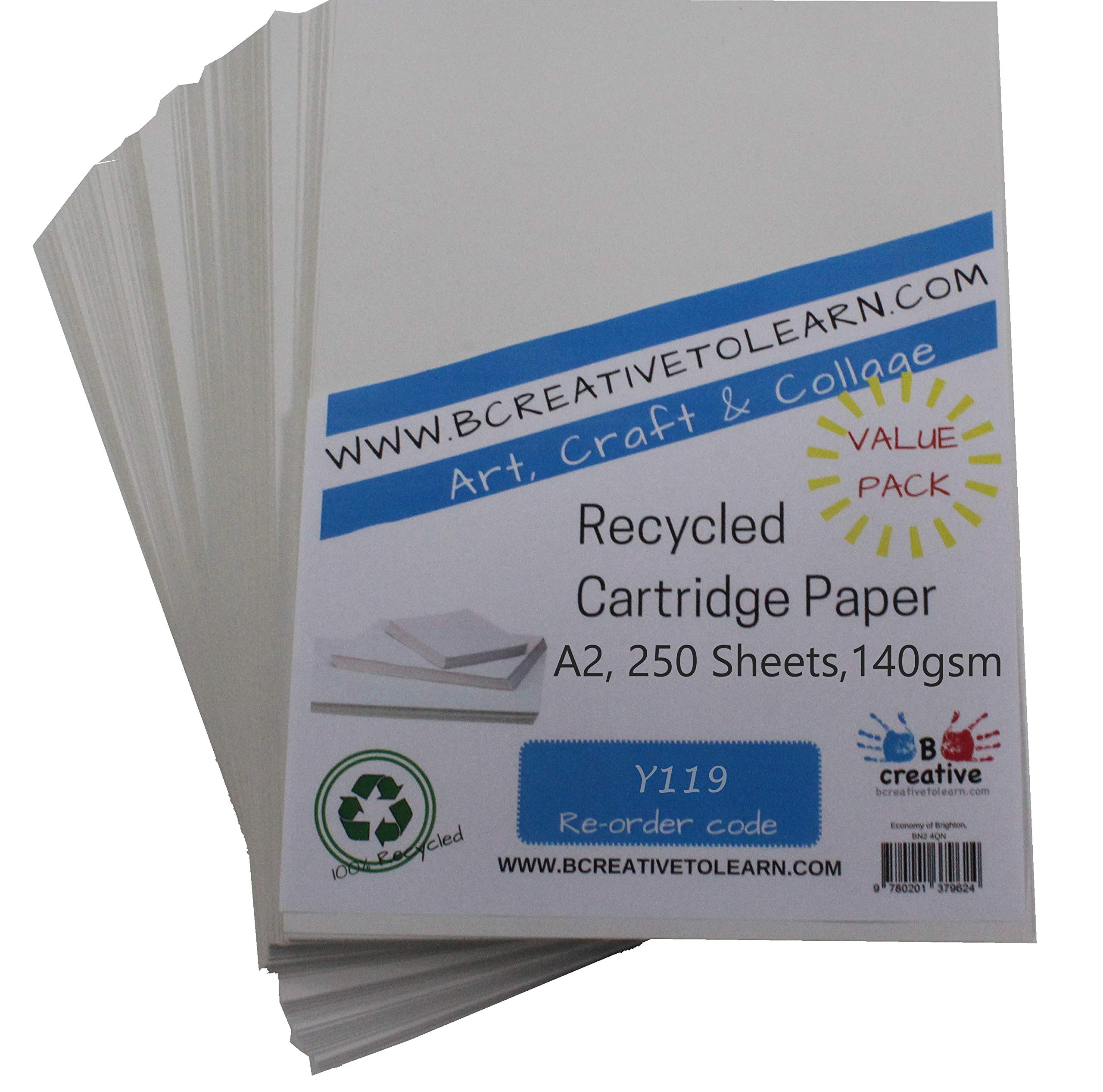 100% Eco Recycled Art A2 Cartridge Paper White Great Art Paper 140gsm Pack of 250 Sheets - Suitable for bookmaking, Sketching, Painting, Printing and More