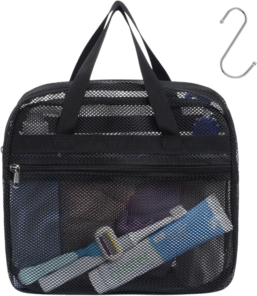 Mesh Shower Caddy Portable with Zipper - 2-Handle Shower Bag for Dorm | S-Hook, Quick-Dry Mesh, Toiletry Organizer, College Dorm Room Essentials for Girls, Camping, Gym, Travel & Bathroom, Black