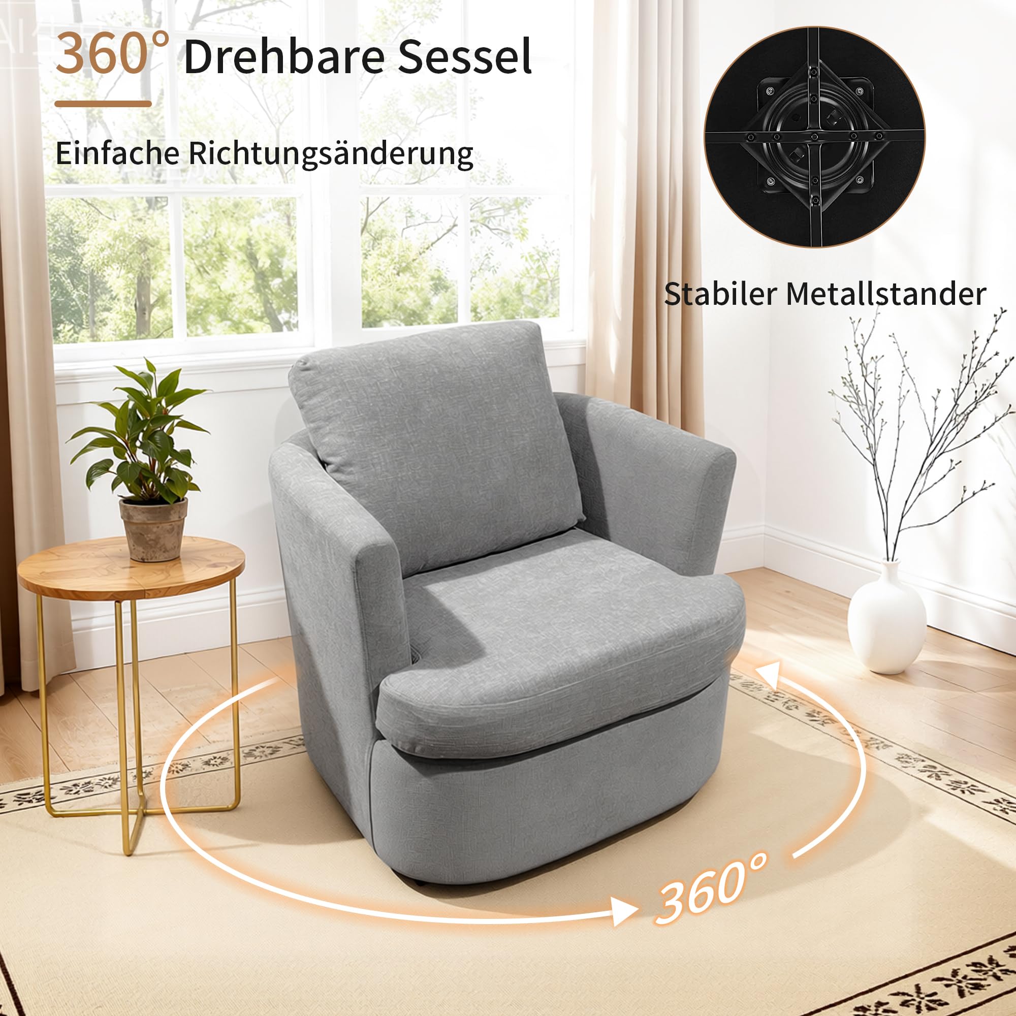 BonVache Drehsessel, Chenille Sessel, 360° schwenkbar, mit U-förmiger Rückenlehne und gepolsterter Sitzfläche, geeignet für Wohnzimmer, Schlafzimmer und Büro,Grau