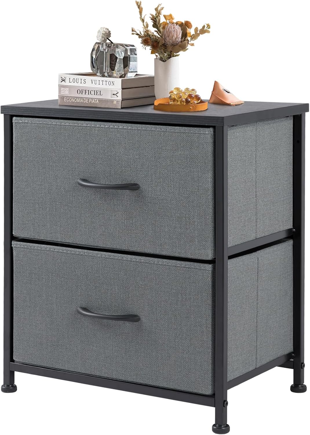 DUMOS Nightstand Small Dresser with 2 Fabric Drawers Side Bedroom End Table Kids Bedside Storage Furniture for 20 inch Tall Night Stand for Closet, Entryway, College Dorm, Ash