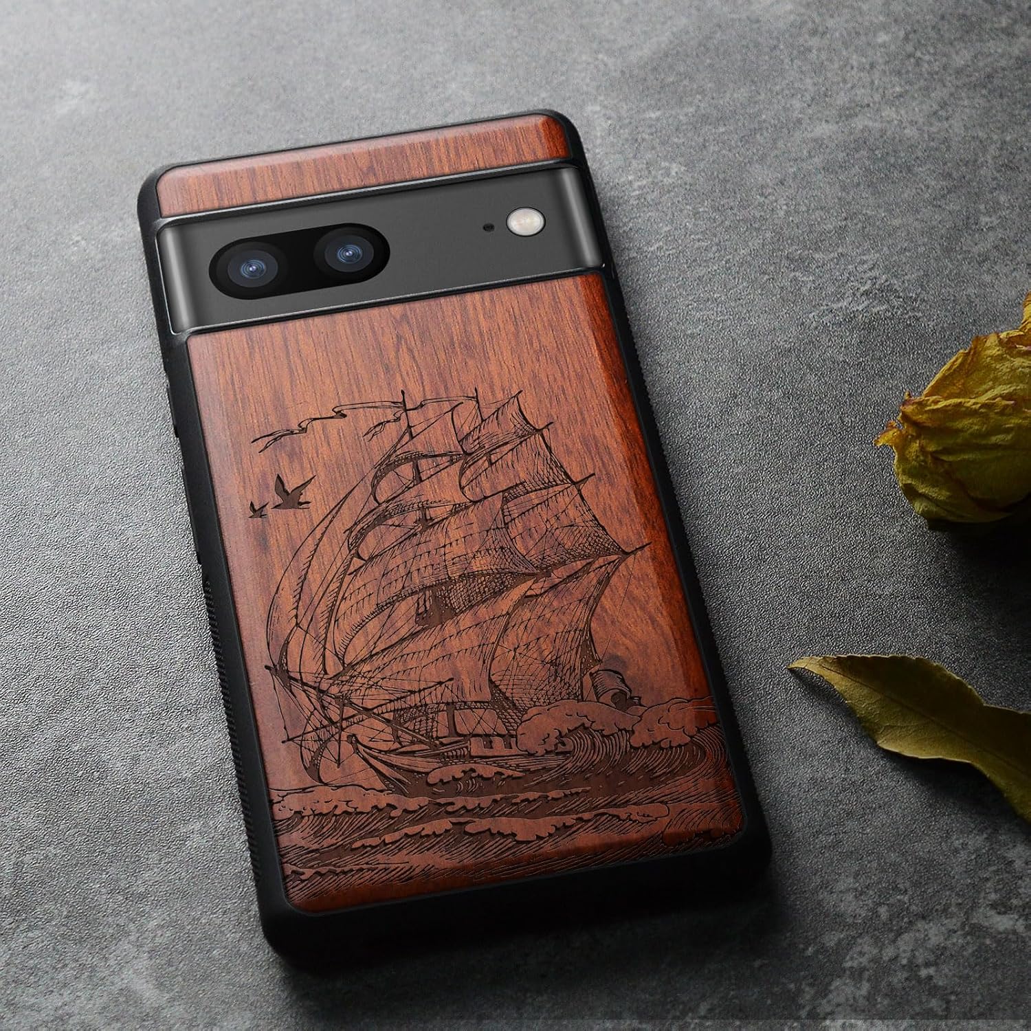 Carveit Wood Case for Pixel 8 Case [Natural Wood & Black Soft TPU] Shockproof Protective Unique Wooden Cover Compatible with Google Pixel 8 (Sailboats-Rosy)