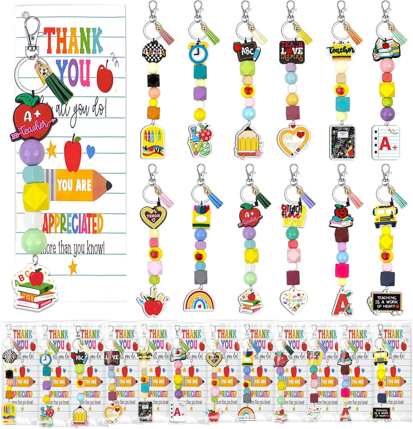 Large Teachers Appreciation Gifts Set Teacher Appreciation Keychain Apple Beaded Lanyard Keychain with Card and Bag