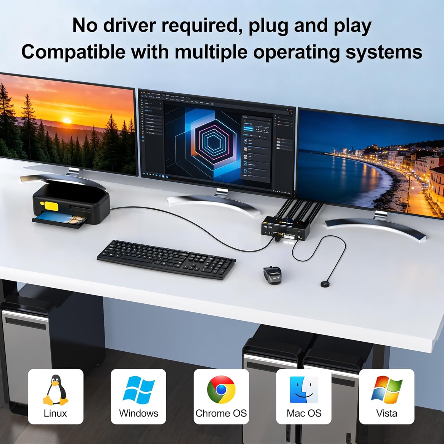 2 Displayport + HDMI USB 3.0 KVM Switch 3 Monitors 3 Computers, 8K@60Hz,4K@144Hz Triple Monitor KVM with 4 USB 3.0 Ports, KVM Triple Monitor Keyboard Mouse Switcher,Included Cables,White